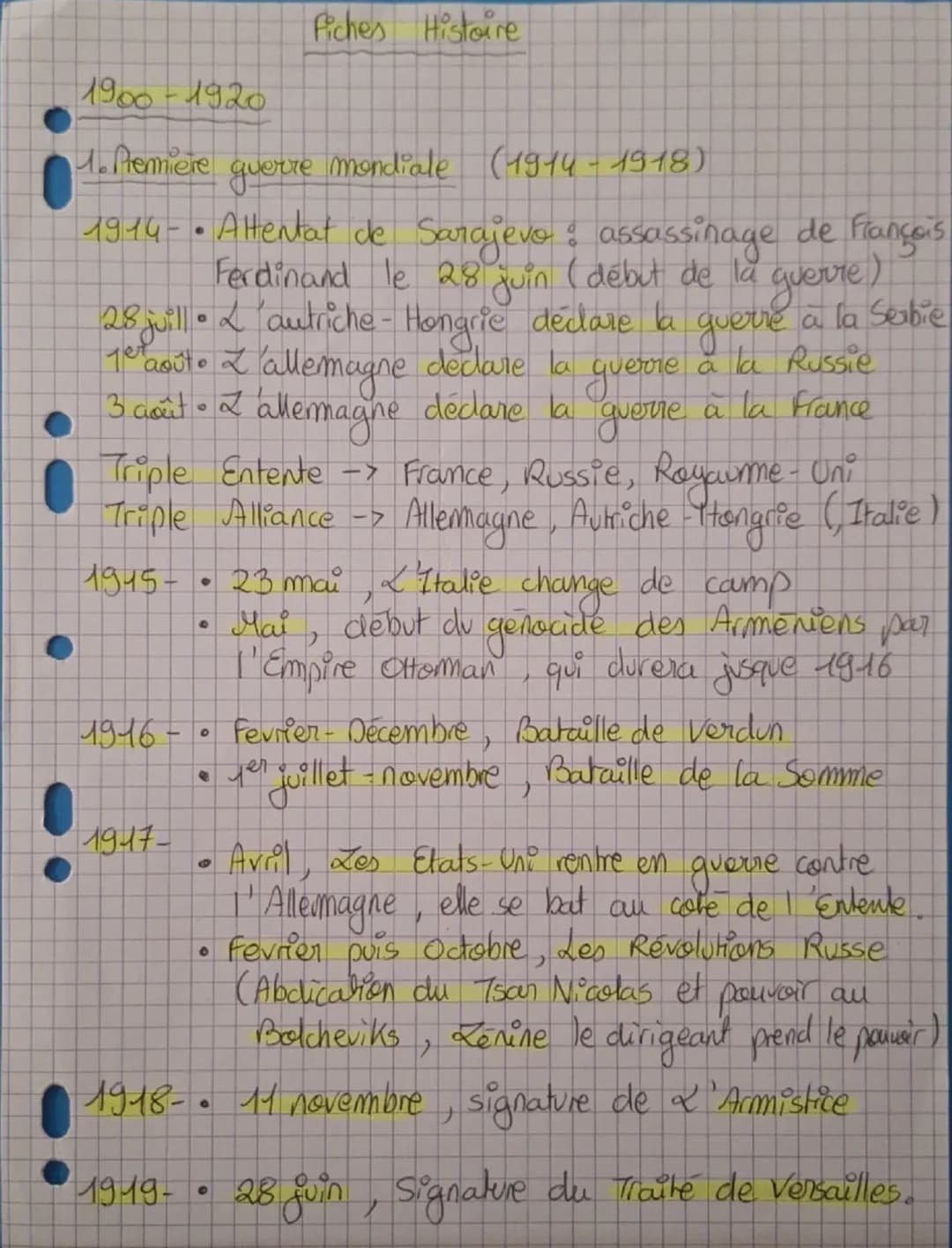 1900-1920
Fiches Histoire
4. Premiere
guerre
mondiale (1914-1918)
1914- • Attentat de Sarajevo: assassinage de François.
Ferdinand le 28 jui