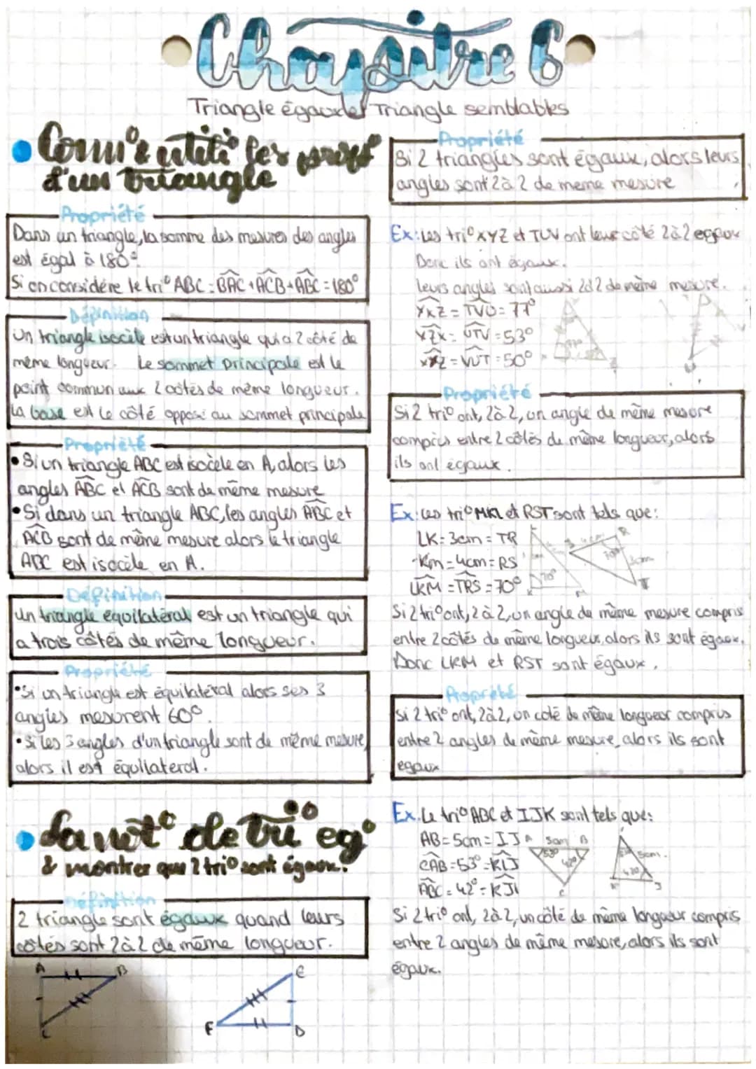 Chapitre
Triangle égaude Triangle semblables
Propriété
• Comm's extite fer p 3i 2 triangles sont égaux, dors teus
d'un triangle
Si
angles so