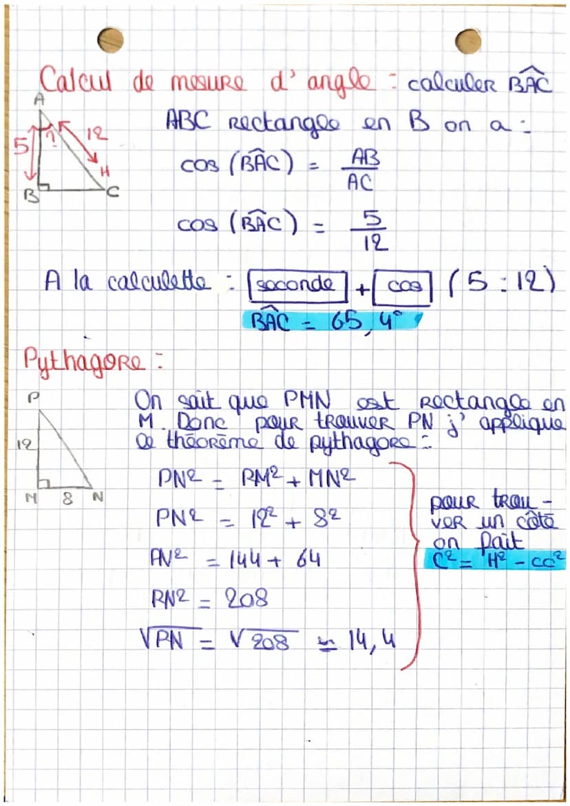 Trigonométrie
Pour trouver le 3e côté d' un triangle
on fait Pythagore
POUR trouver le 3e angle d' un A Rect
on fait les 2 angles = x et 180