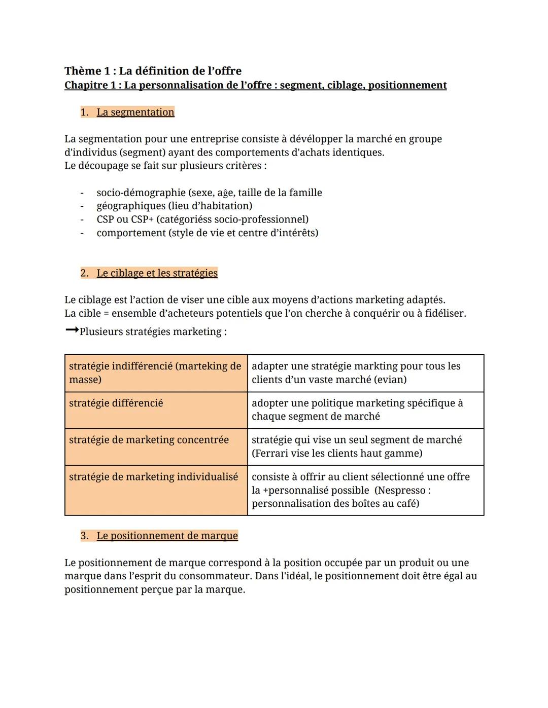 Chapitre 1 : segment, ciblage et positionnement 