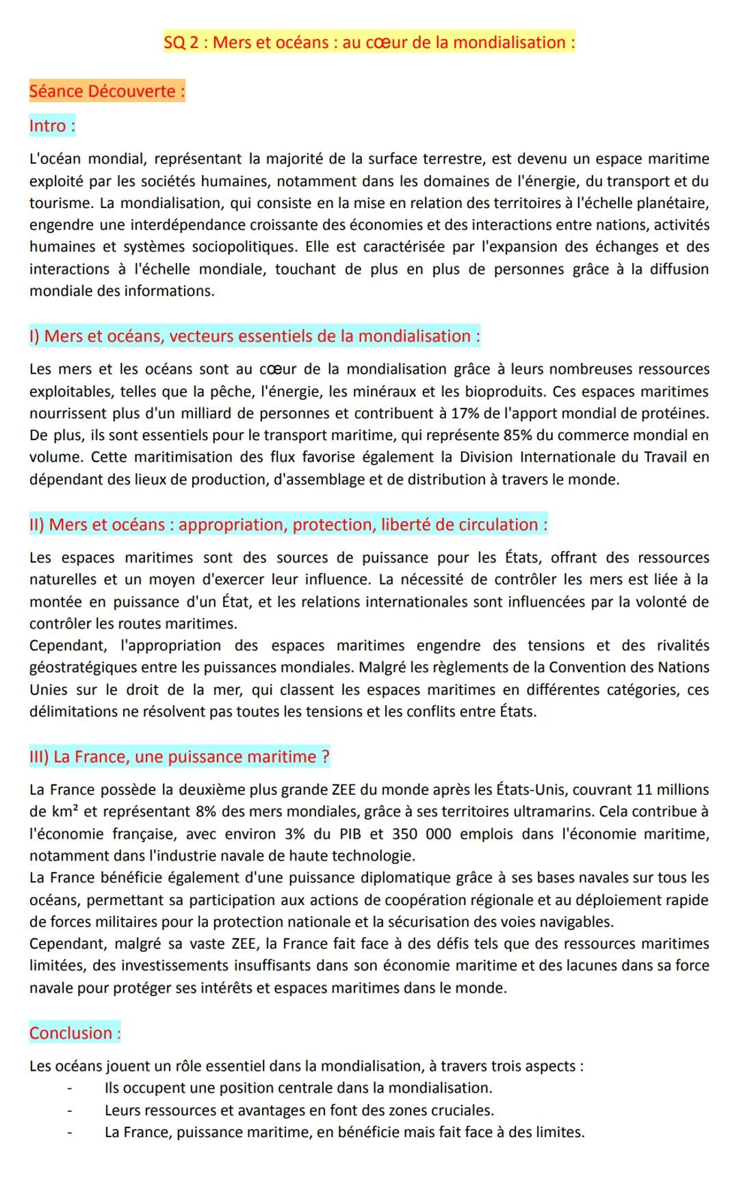 SQ 2: Mers et océans: au cœur de la mondialisation:

Séance Découverte :

Intro :

L'océan mondial, représentant la majorité de la surface t