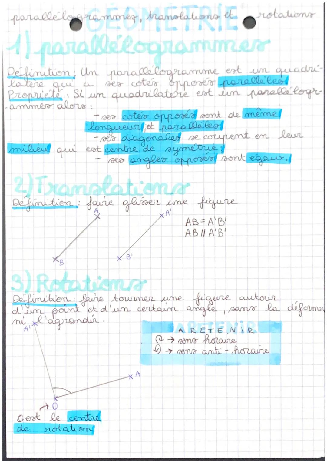 parallelogrammez, translations et rotations

1) parallélogrammer

Definition; Un parallelogramme est un quadri-
coralle len
latere qui ses c