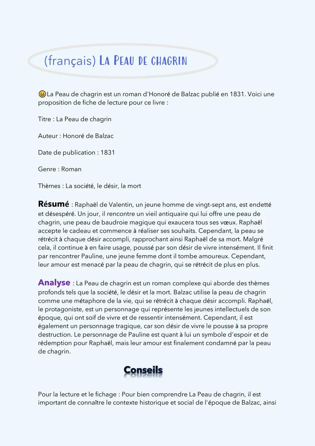 (français) LA PEAU DE CHAGRIN
La Peau de chagrin est un roman d'Honoré de Balzac publié en 1831. Voici une
proposition de fiche de lecture p