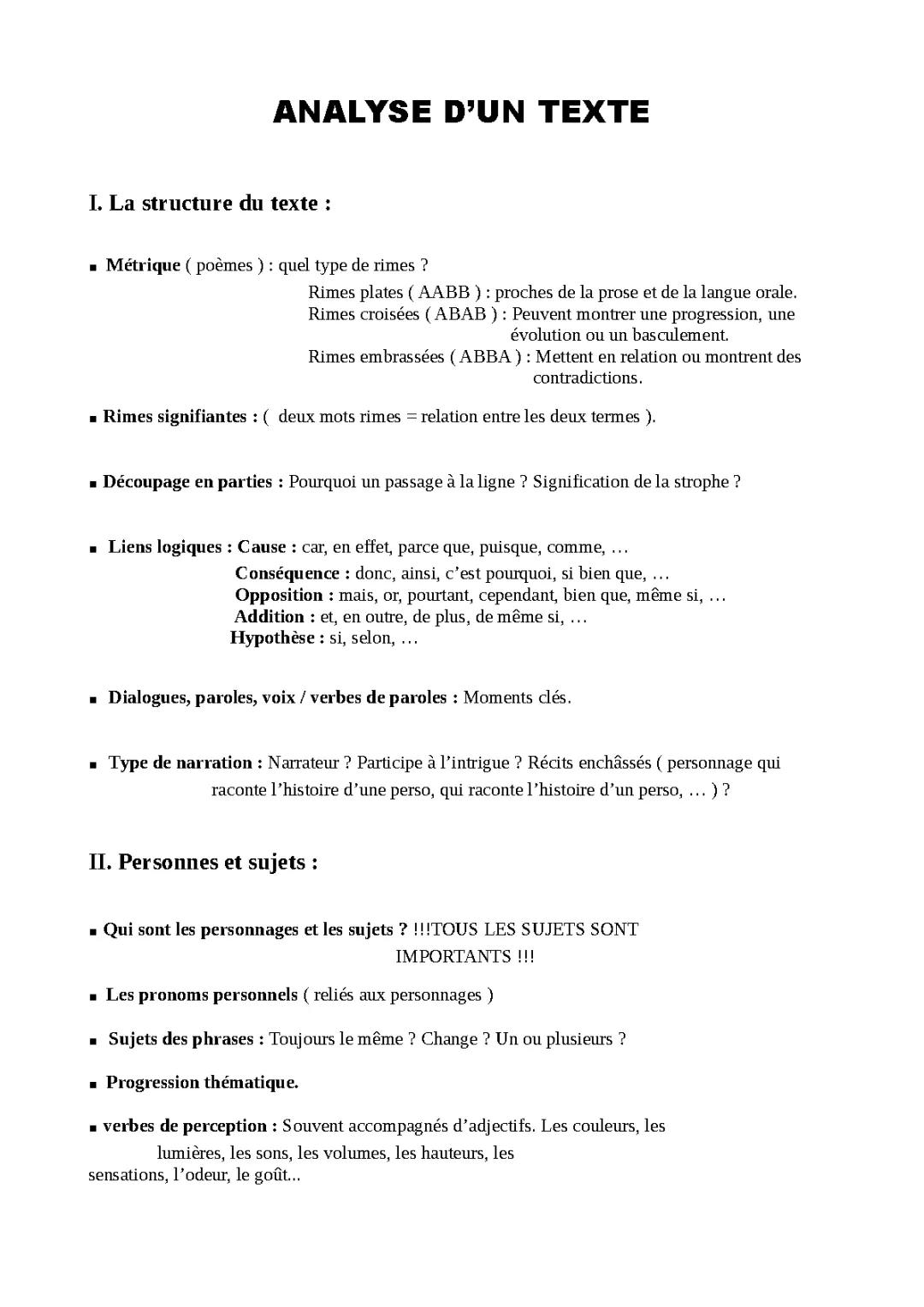 Technique d'analyse complète pour le commentaire de texte.