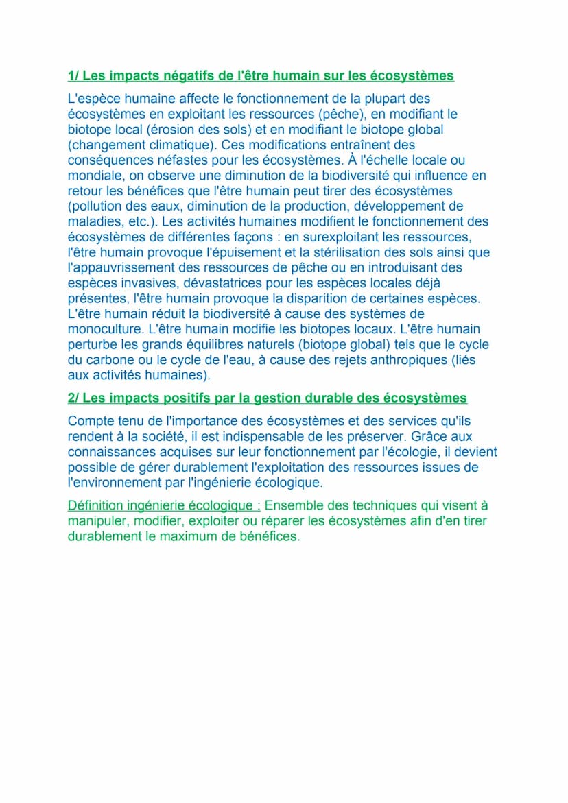 L'HUMANITE ET LES ECOSYSTEMES : LES SERVICES
ECOSYSTEMIQUES ET LEUR GESTION
I/ Les interactions entre l'être humain et les écosystèmes
L'esp