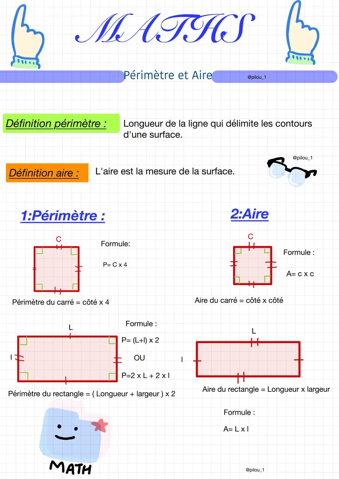 Définition périmètre :
MATHS
Définition aire :
C
1:Périmètre :
L
Périmètre et Aire
L'aire est la mesure de la surface.
Périmètre du carré = 