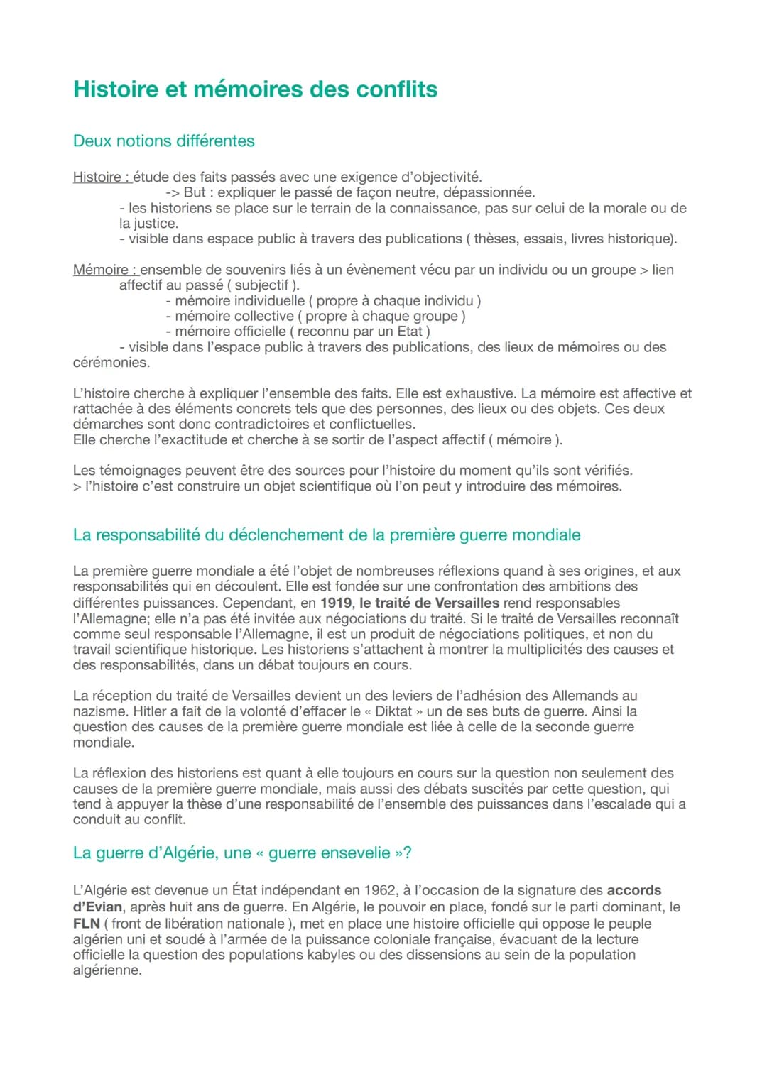 Histoire et mémoires des conflits
Deux notions différentes
Histoire : étude des faits passés avec une exigence d'objectivité.
-> But : expli