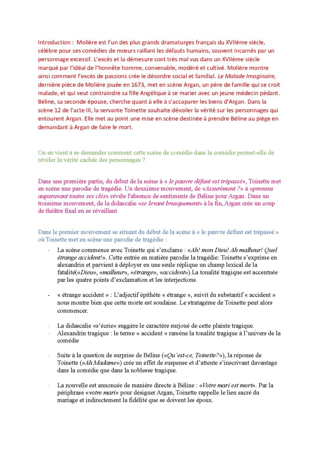 Analyse linéaire Le Malade imaginaire Acte 3 Scène 12 - Fiche PDF