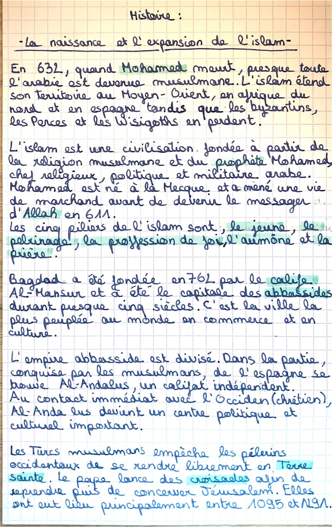 Histoire :
-La naissance et l'expansion de l'islam-
En 632, quand Mohamed mourt, presque toute
l'arabie est devenue musulmane. L'islam étend
