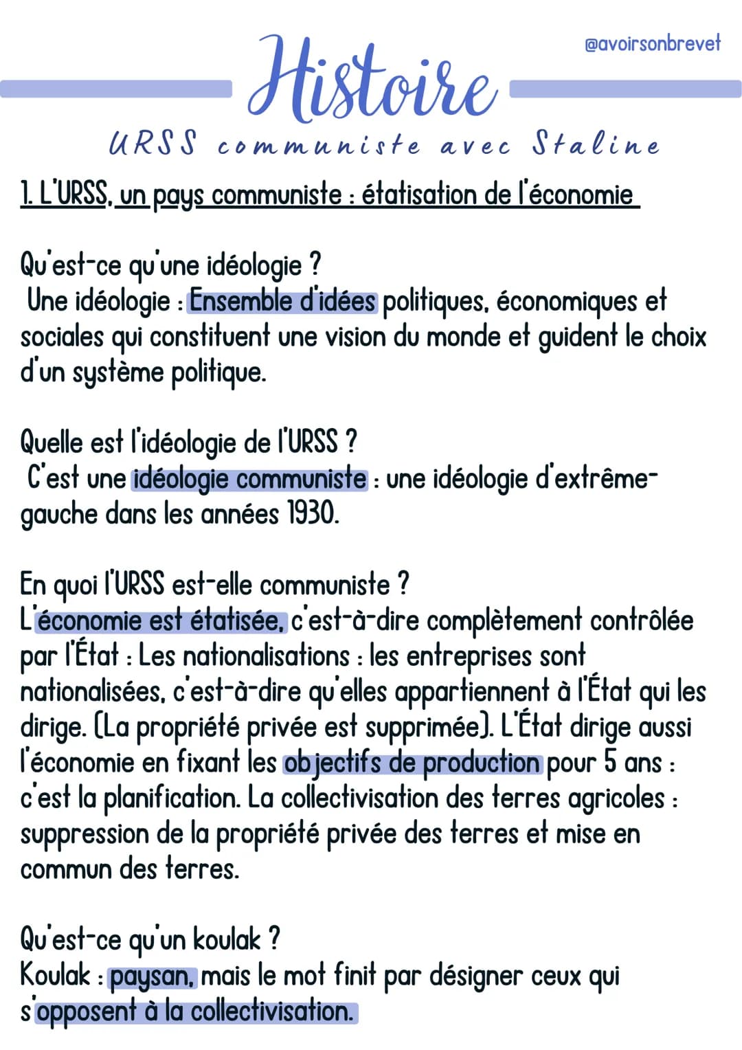 @avoirsonbrevet
Histoire
URSS communiste avec Staline
1. L'URSS, un pays communiste : étatisation de l'économie
Qu'est-ce qu'une idéologie ?