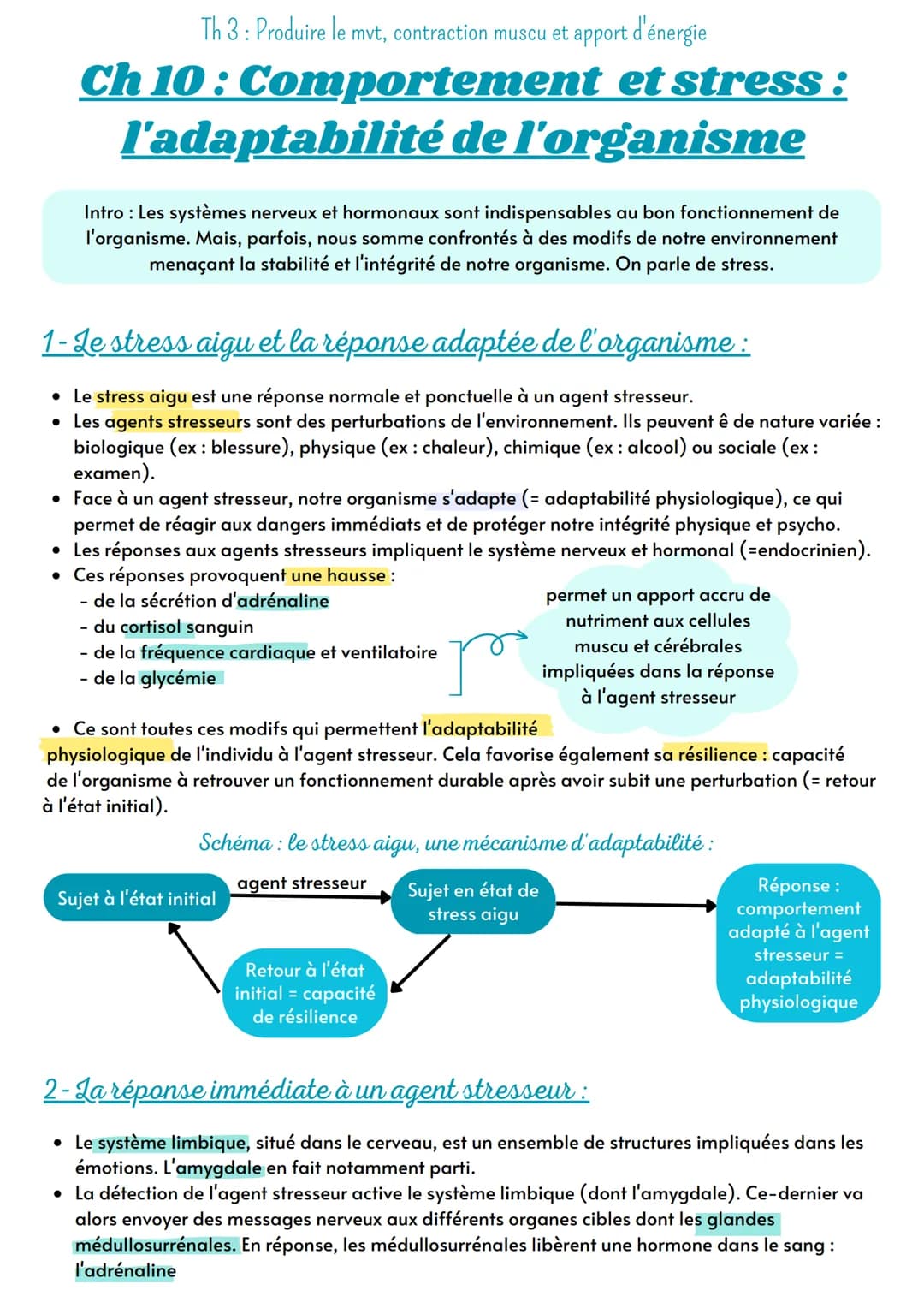 Th 3 : Produire le mvt, contraction muscu et apport d'énergie
Ch 10: Comportement et stress :
l'adaptabilité de l'organisme
Intro : Les syst