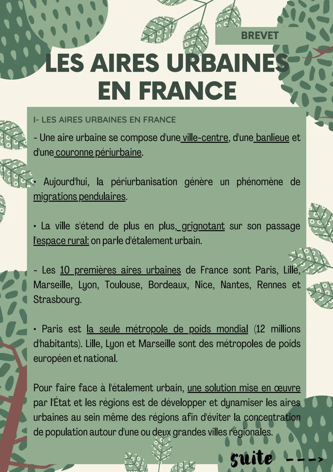 BREVET
LES AIRES URBAINES
EN FRANCE
I- LES AIRES URBAINES EN FRANCE
- Une aire urbaine se compose d'une ville-centre, d'une banlieue et
d'un