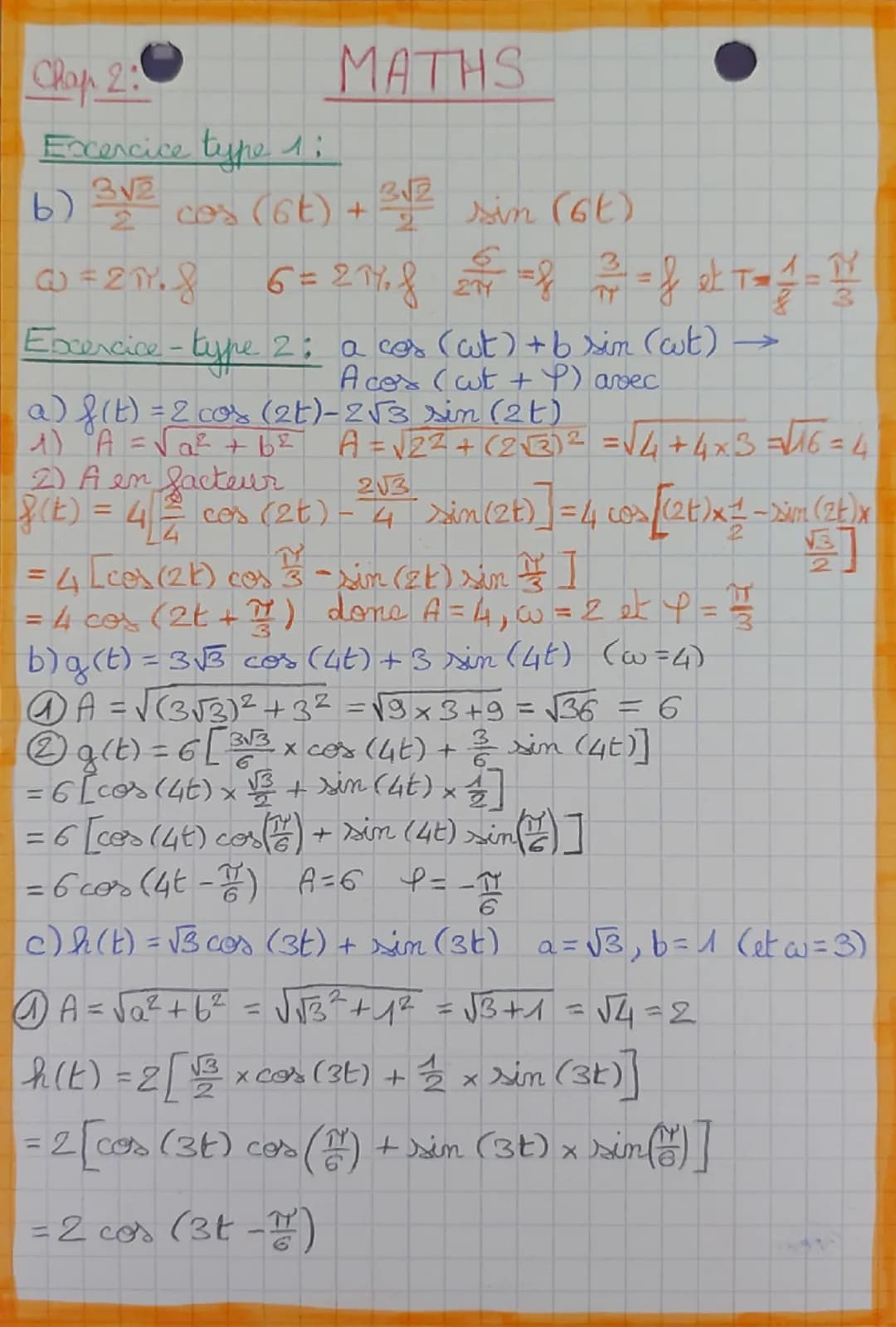 MATHS
Chap 2: Nombines Complerces: 2 partie
I – Formule d'addition et de duplicat
Re (z) = cos (0+8') = cos (0) cos (0') – sin (0) sin (0')
