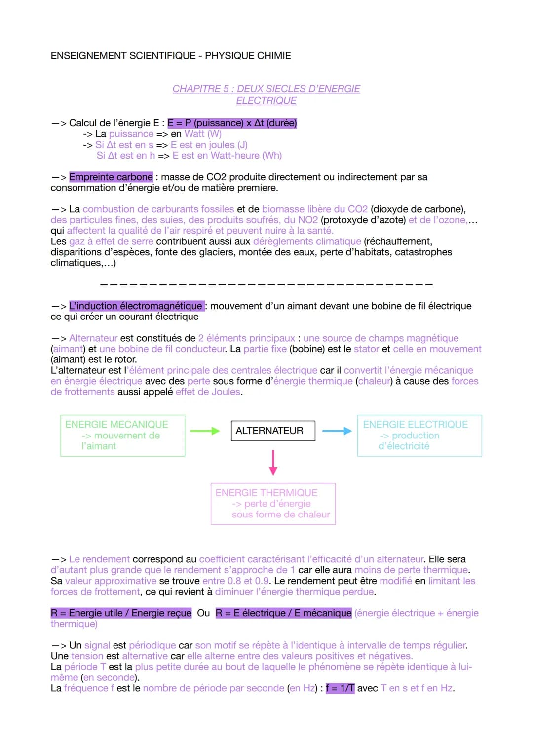 ENSEIGNEMENT SCIENTIFIQUE - PHYSIQUE CHIMIE
CHAPITRE 5: DEUX SIECLES D'ENERGIE
ELECTRIQUE
-> Calcul de l'énergie E : E = P (puissance) x At 