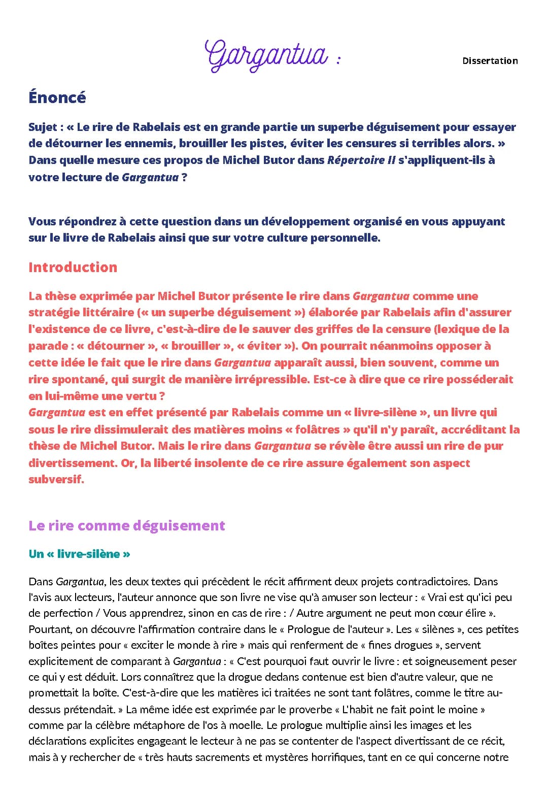 Pourquoi le rire est important dans Gargantua - Dissertation Junior