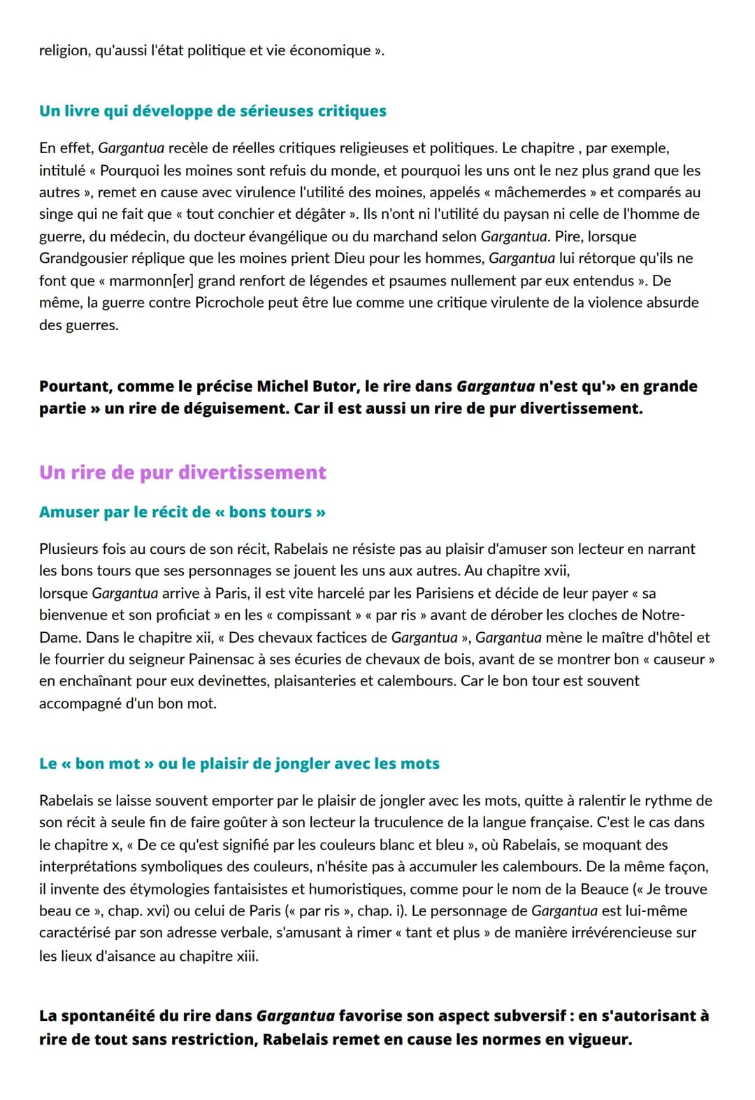 Gargantua :
Énoncé
Sujet : « Le rire de Rabelais est en grande partie un superbe déguisement pour essayer
de détourner les ennemis, brouille
