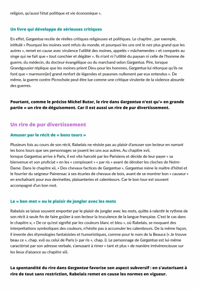 Gargantua :
Énoncé
Sujet : « Le rire de Rabelais est en grande partie un superbe déguisement pour essayer
de détourner les ennemis, brouille
