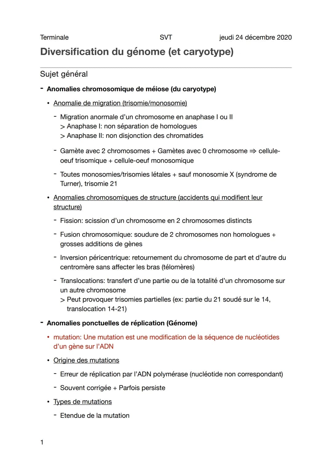 SVT
Diversification du génome (et caryotype)
Terminale
Sujet général
Anomalies chromosomique de méiose (du caryotype)
Anomalie de migration 