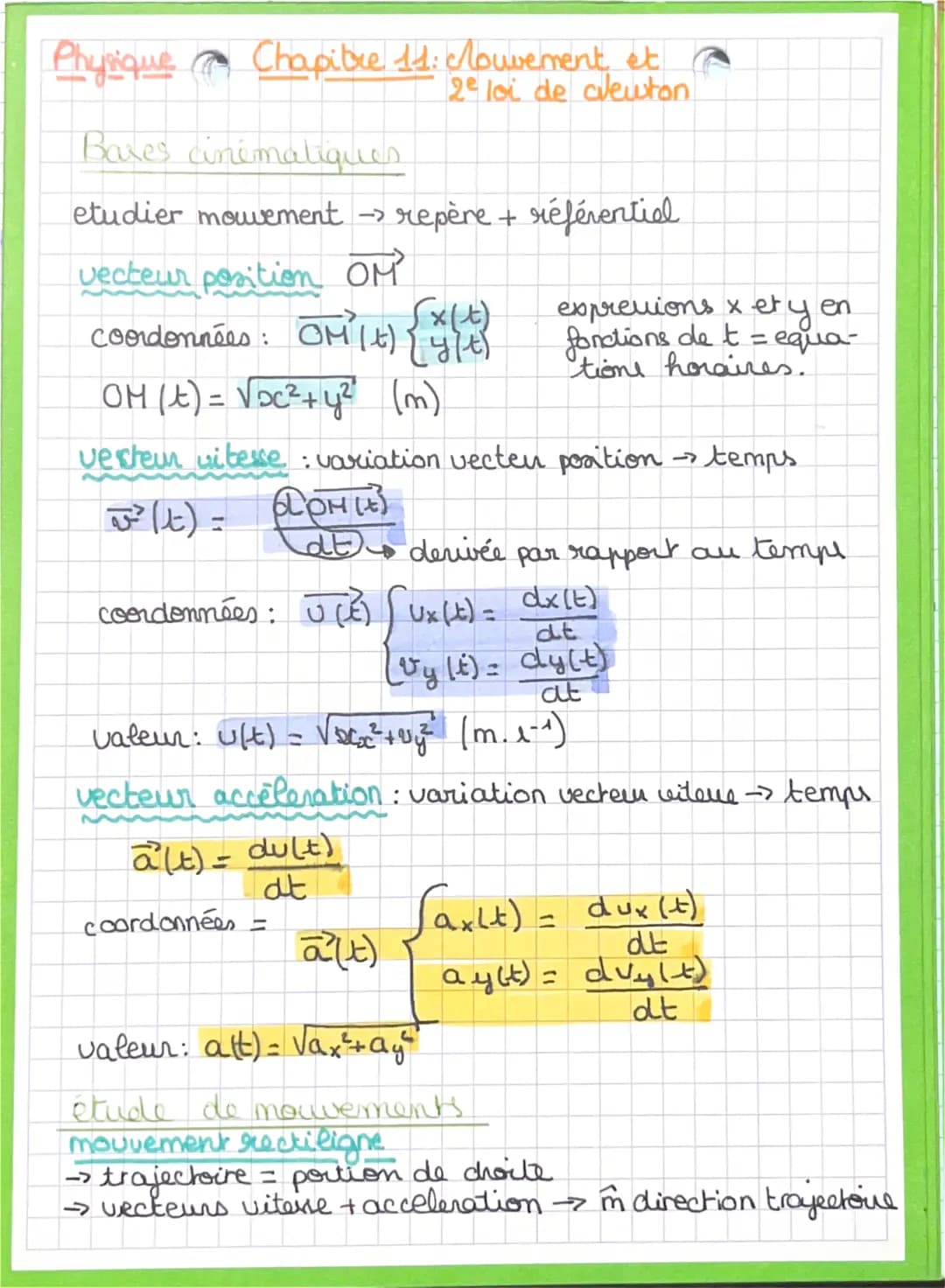 Physique
Chapitre 11: Mouvement et
2° loi de cewton
Baxes cinématiques
etudier mouvement --> repère + référentiel
vecteur position OM'
coord