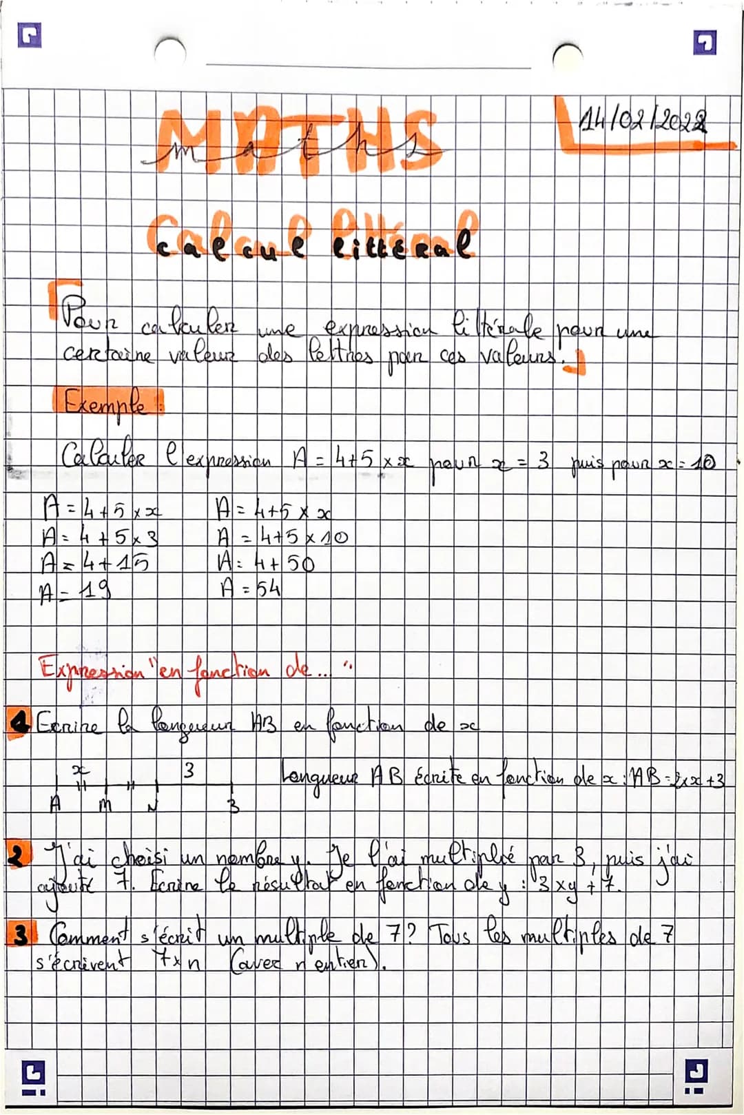 CA
litteral
Pouk
une expression littérale
certaine valeur des lettres
poen
Exemple
Calculer l'expression A = 4+ 5 xx
A=4+5××
A = 4 + 5×3
A=4