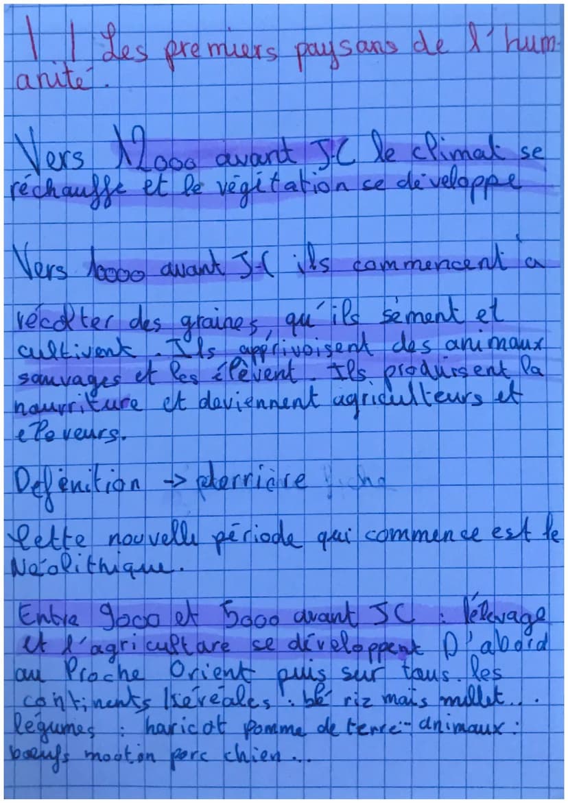 || Les
anite
Les premiers paysans de l'hum
Vers 12000 avant J.C le climat se
réchauffe et le végitation se développe
Vers 10000 avant J.-( i