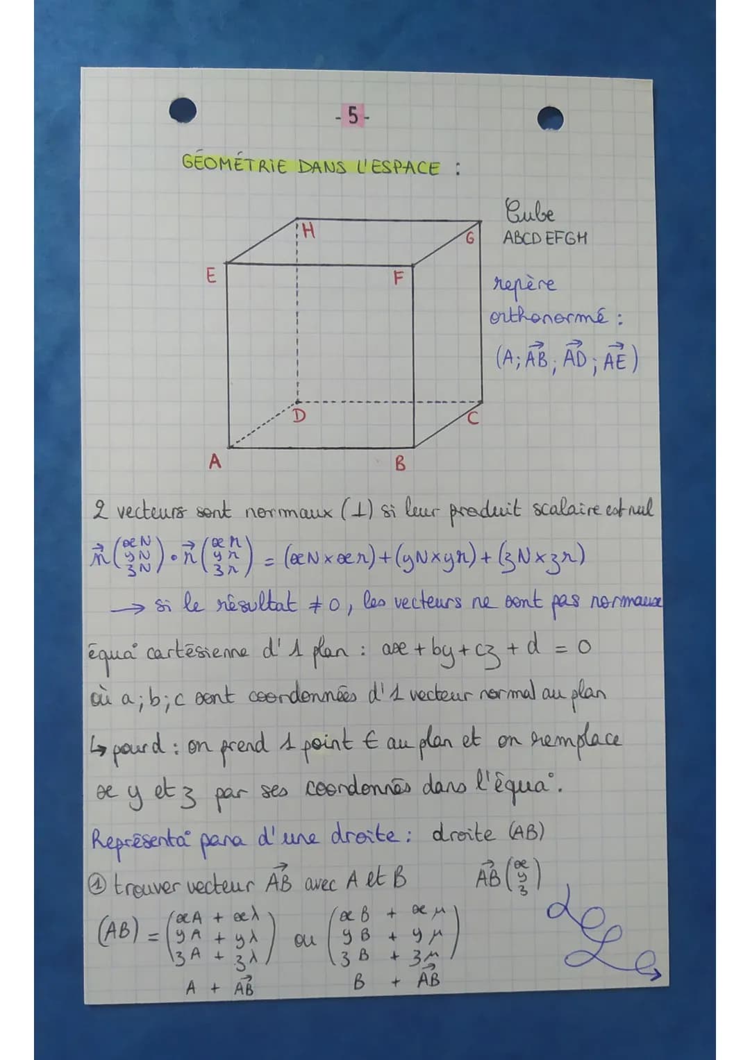 GEOMETRIE DANS L'ESPACE :
TH
D
A + AB
-5-
F
trouver vecteur AB avec A et B
(A + ed
(AB) = (y² + y^
13 A +
3d
ou
A
2 vecteurs sont normaux (1