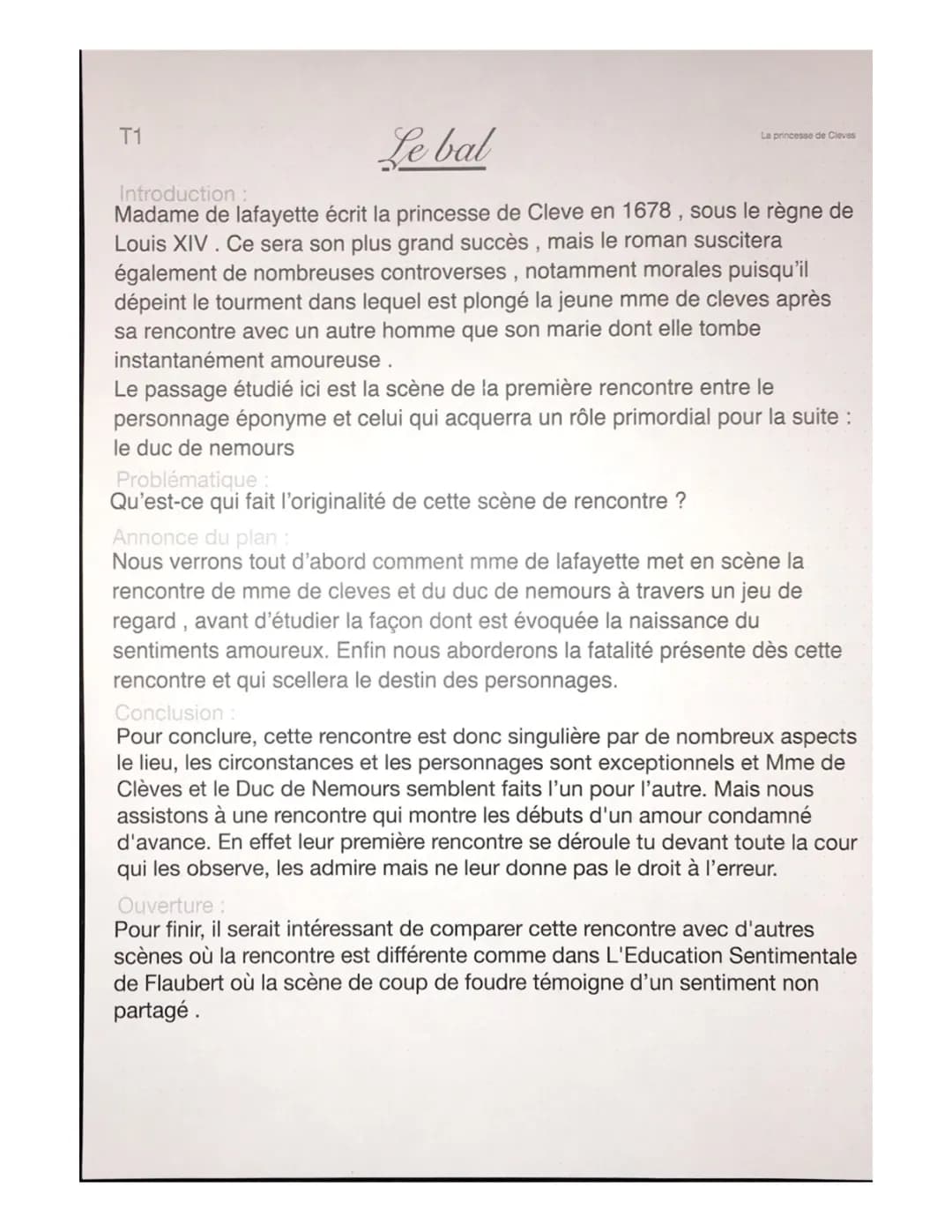 Analyse Linéaire La Princesse de Clèves : Scène du Bal - Bac Français
