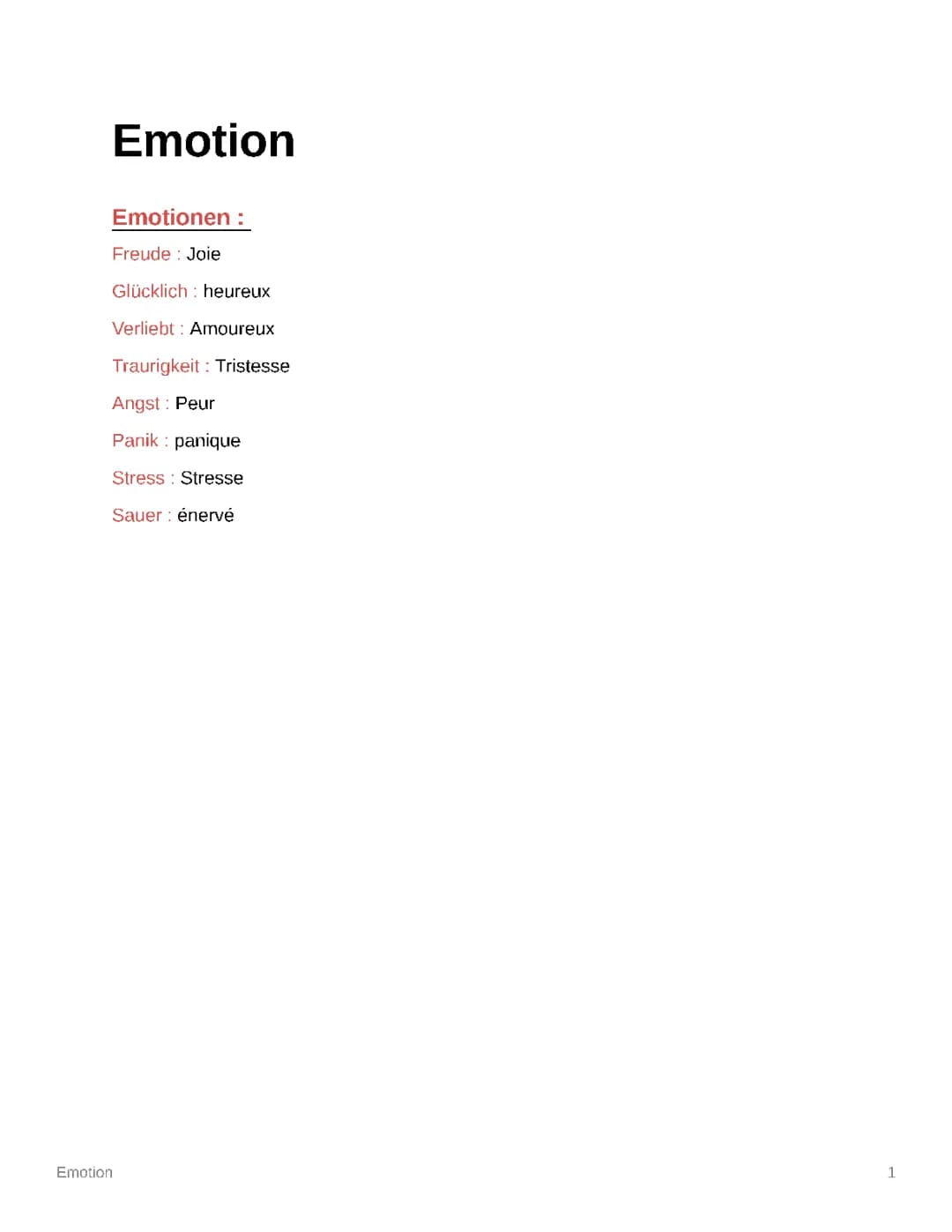 Gefühle und Emotionen Wörterbuch PDF für die Schule