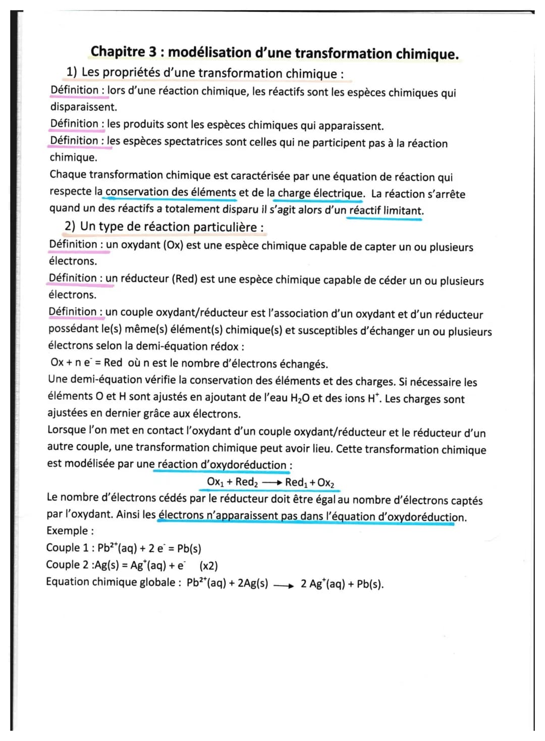 Chapitre 3: modélisation d'une transformation chimique.
1) Les propriétés d'une transformation chimique :
Définition : lors d'une réaction c