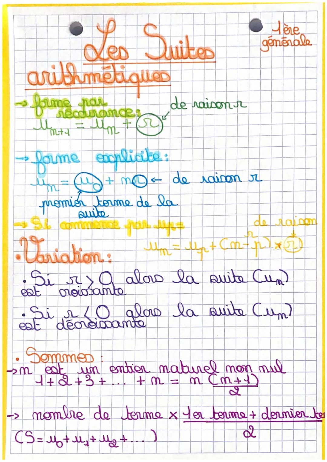 4
Les Suites
arithmétiques
forme par
V recarances
Mm+1 = μm +
•forme explicite:
ཨི་ཨི་=
de raison r
un = " + n < de raison r
promior torme d