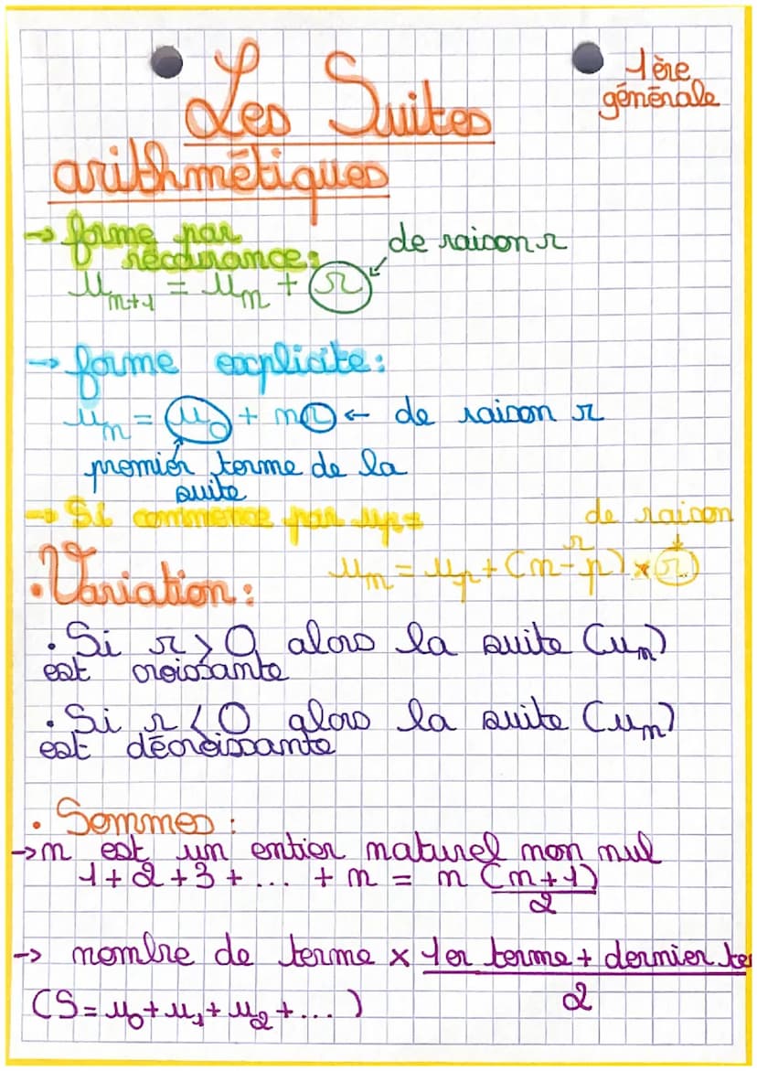 4
Les Suites
arithmétiques
forme par
V recarances
Mm+1 = μm +
•forme explicite:
ཨི་ཨི་=
de raison r
un = " + n < de raison r
promior torme d
