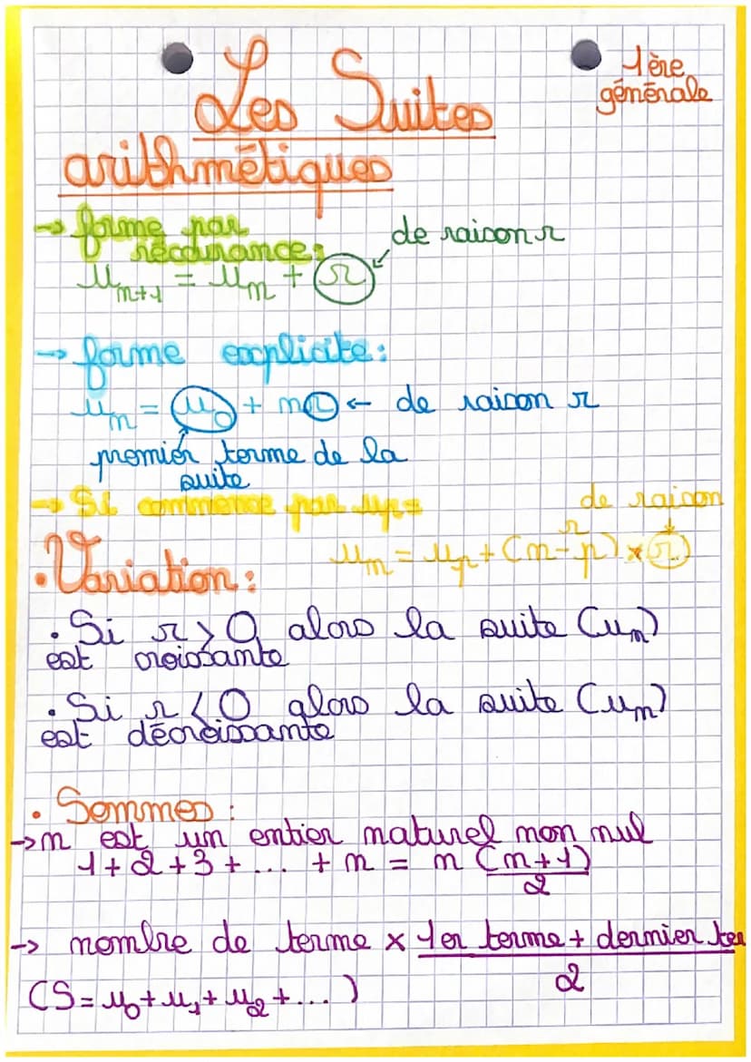 4
Les Suites
arithmétiques
forme par
V recarances
Mm+1 = μm +
•forme explicite:
ཨི་ཨི་=
de raison r
un = " + n < de raison r
promior torme d
