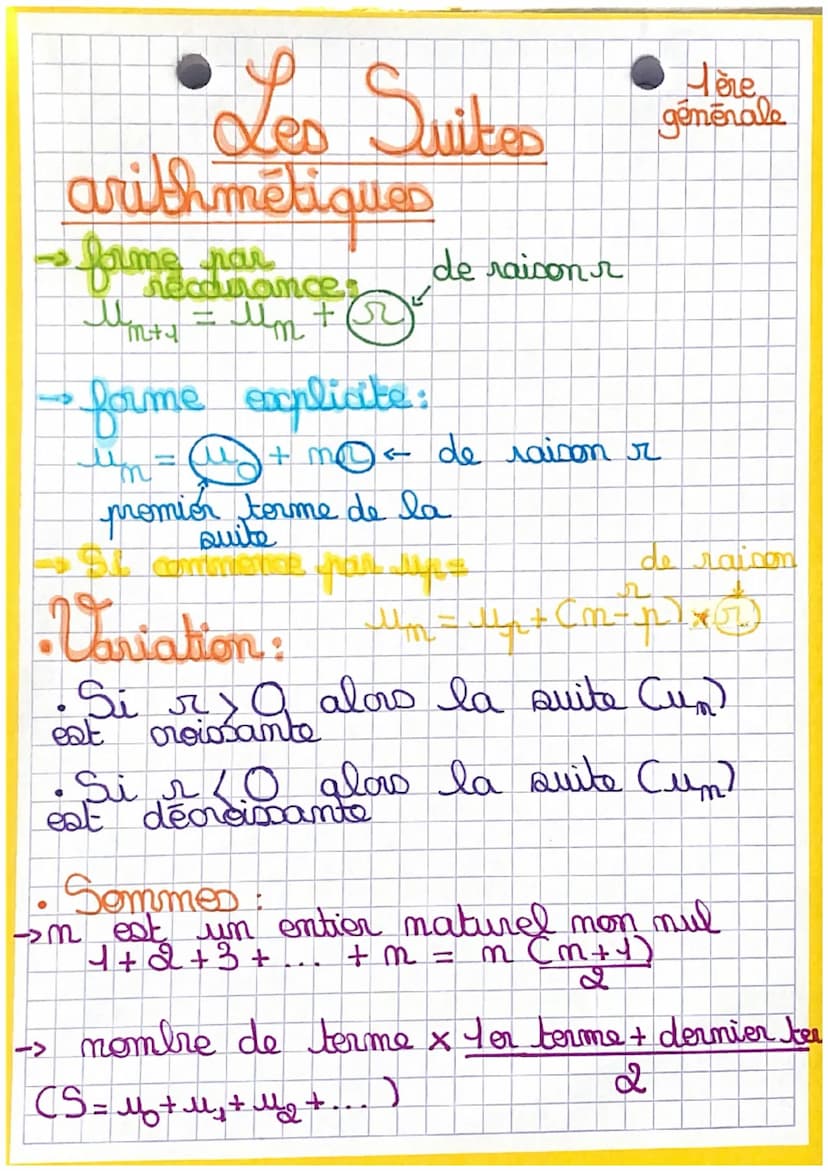 4
Les Suites
arithmétiques
forme par
V recarances
Mm+1 = μm +
•forme explicite:
ཨི་ཨི་=
de raison r
un = " + n < de raison r
promior torme d