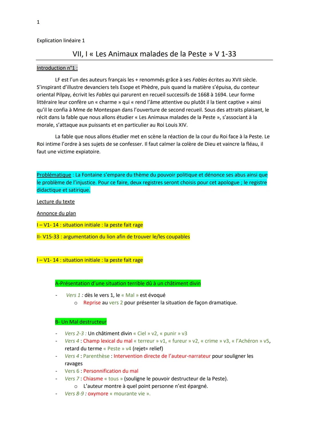 1
Explication linéaire 1
VII, I << Les Animaux malades de la Peste >> V 1-33
Introduction n°1 :
LF est l'un des auteurs français les + renom
