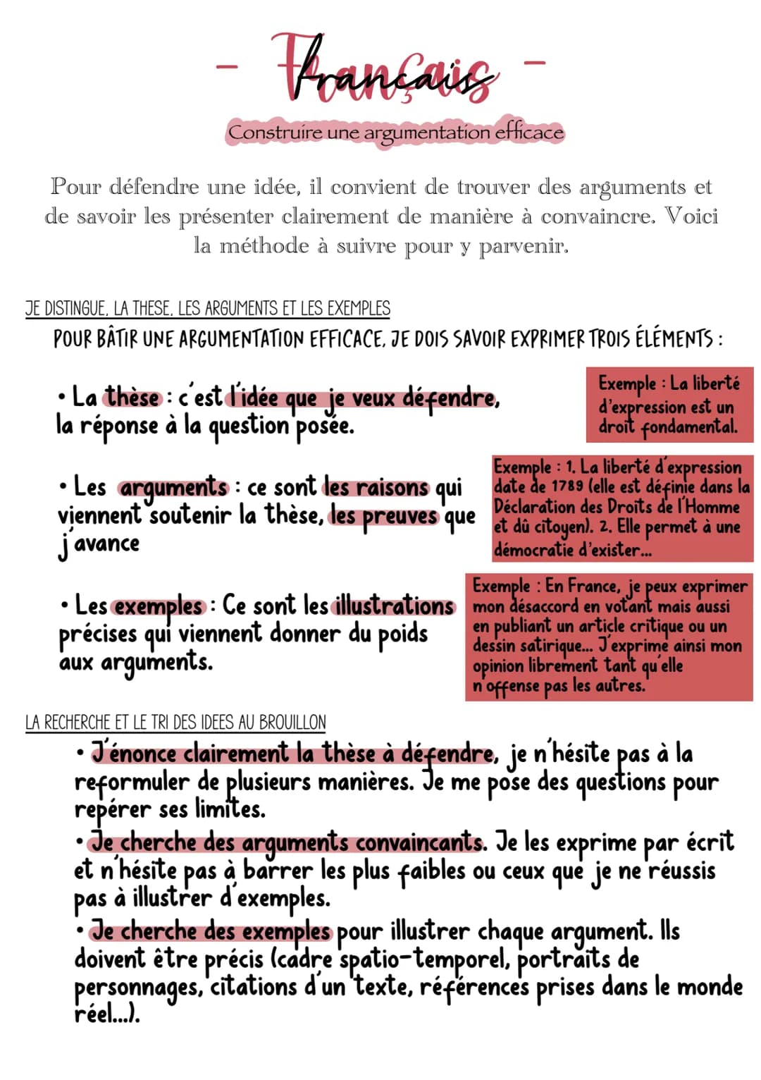 Francais
Construire une argumentation efficace
Pour défendre une idée, il convient de trouver des arguments et
de savoir les présenter clair