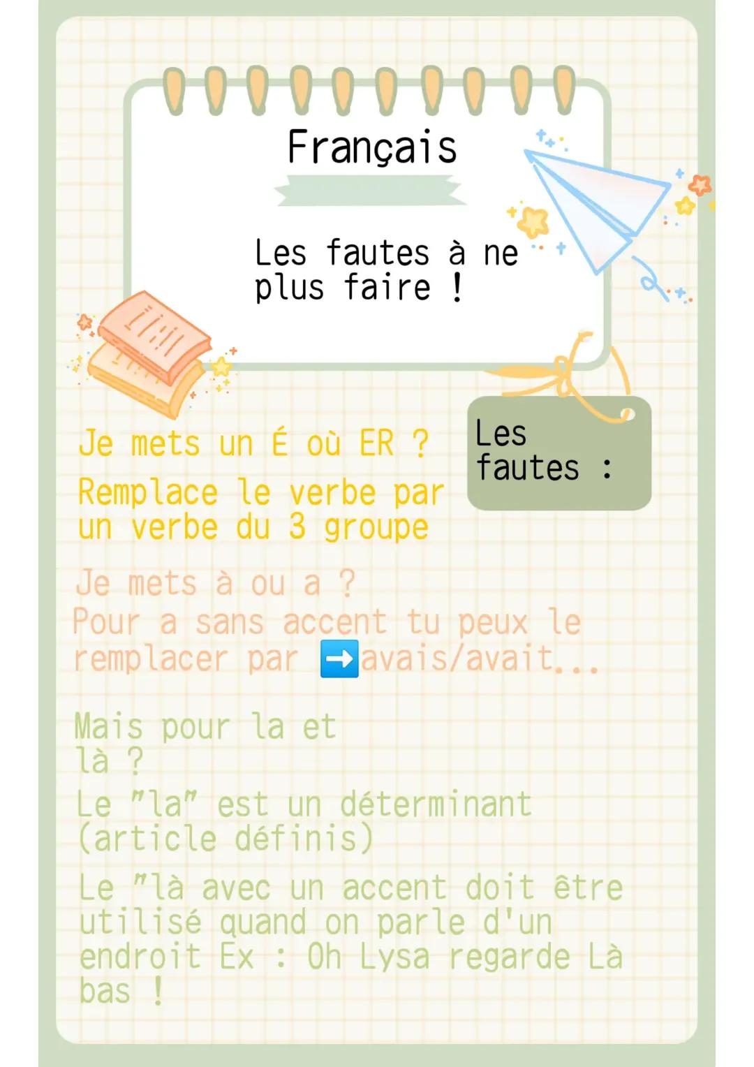 000000000
Français
THO
Les fautes à ne
plus faire !
Je mets un É où ER ?
Remplace le verbe par
un verbe du 3 groupe
Les
fautes :
Je mets à o