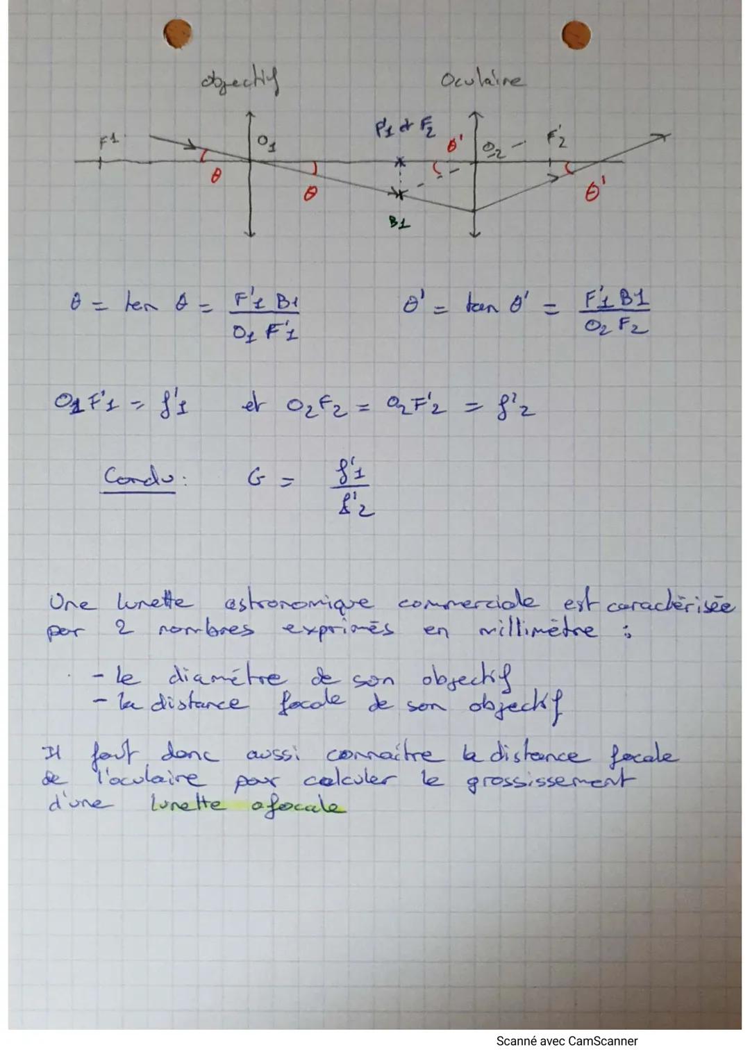 I. lurette astronomique
Fe
+
Fi
снар 19:
objectif
le foyer image
foyer objet F₂
1
2
os
III. Grossissement
01
A
F2 et F2
II. Construction fai