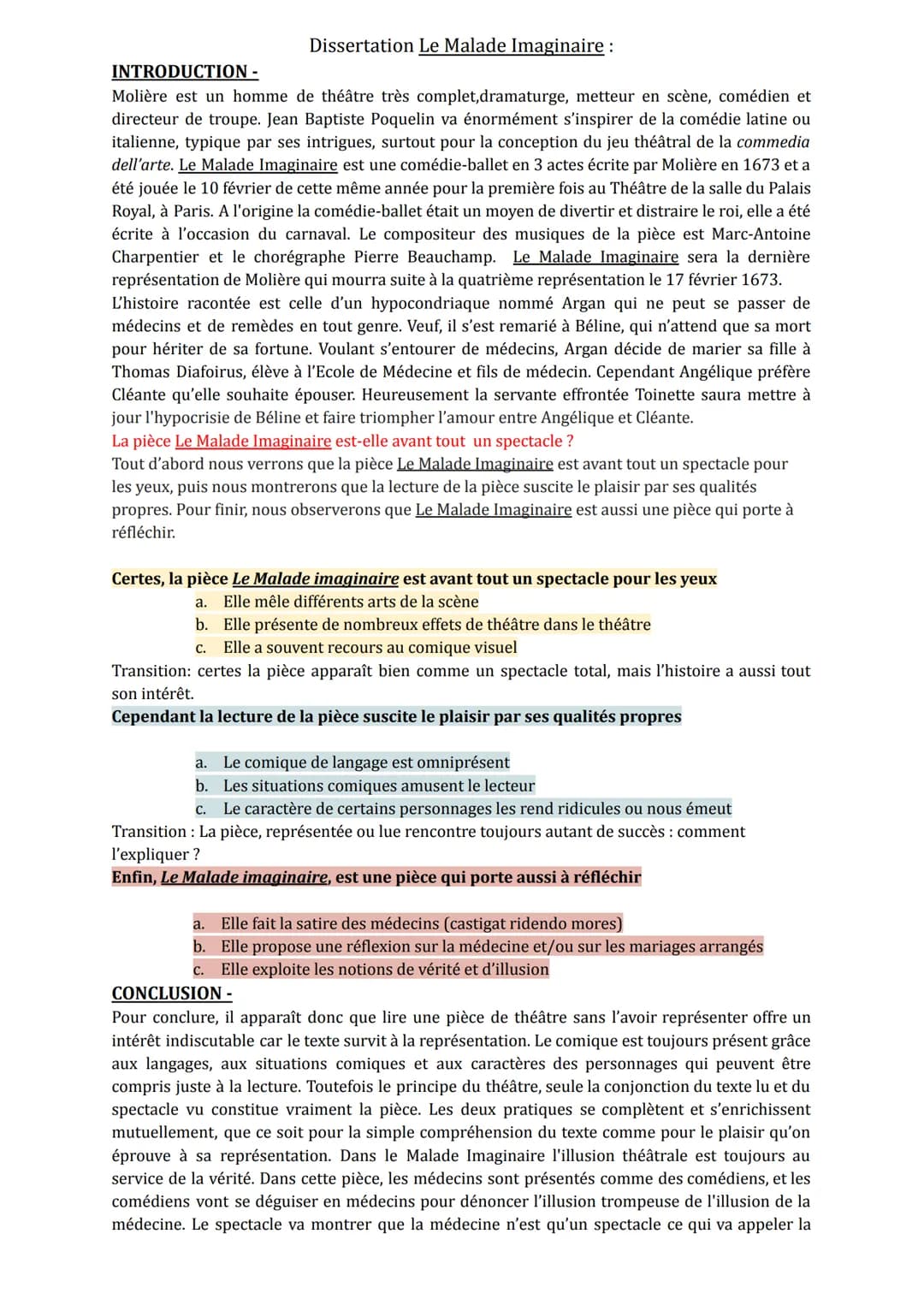 Dissertation Le Malade Imaginaire :
INTRODUCTION -
Molière est un homme de théâtre très complet,dramaturge, metteur en scène, comédien et
di