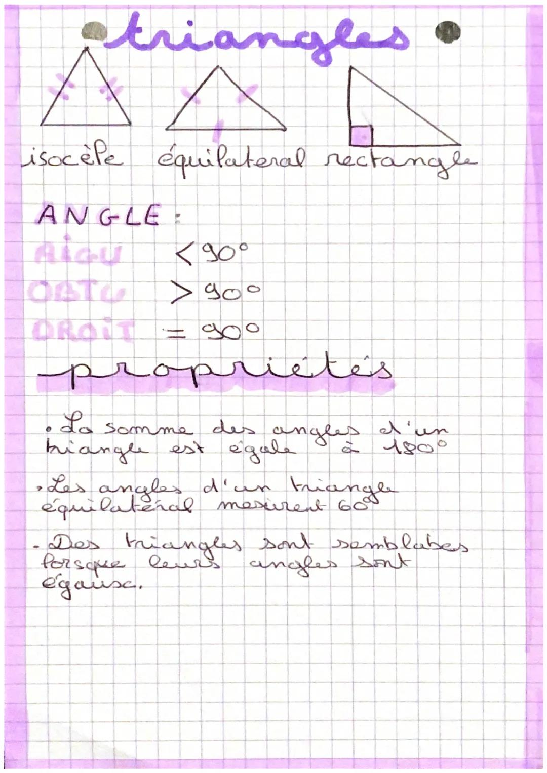 A
triangles •
A
isocèle équilateral rectangle
ANGLE:
?
-
<90°
> 90°
go
propriétés
منم
O
O
La somme des
hiangle est égale
angles
d'un
1800
Le
