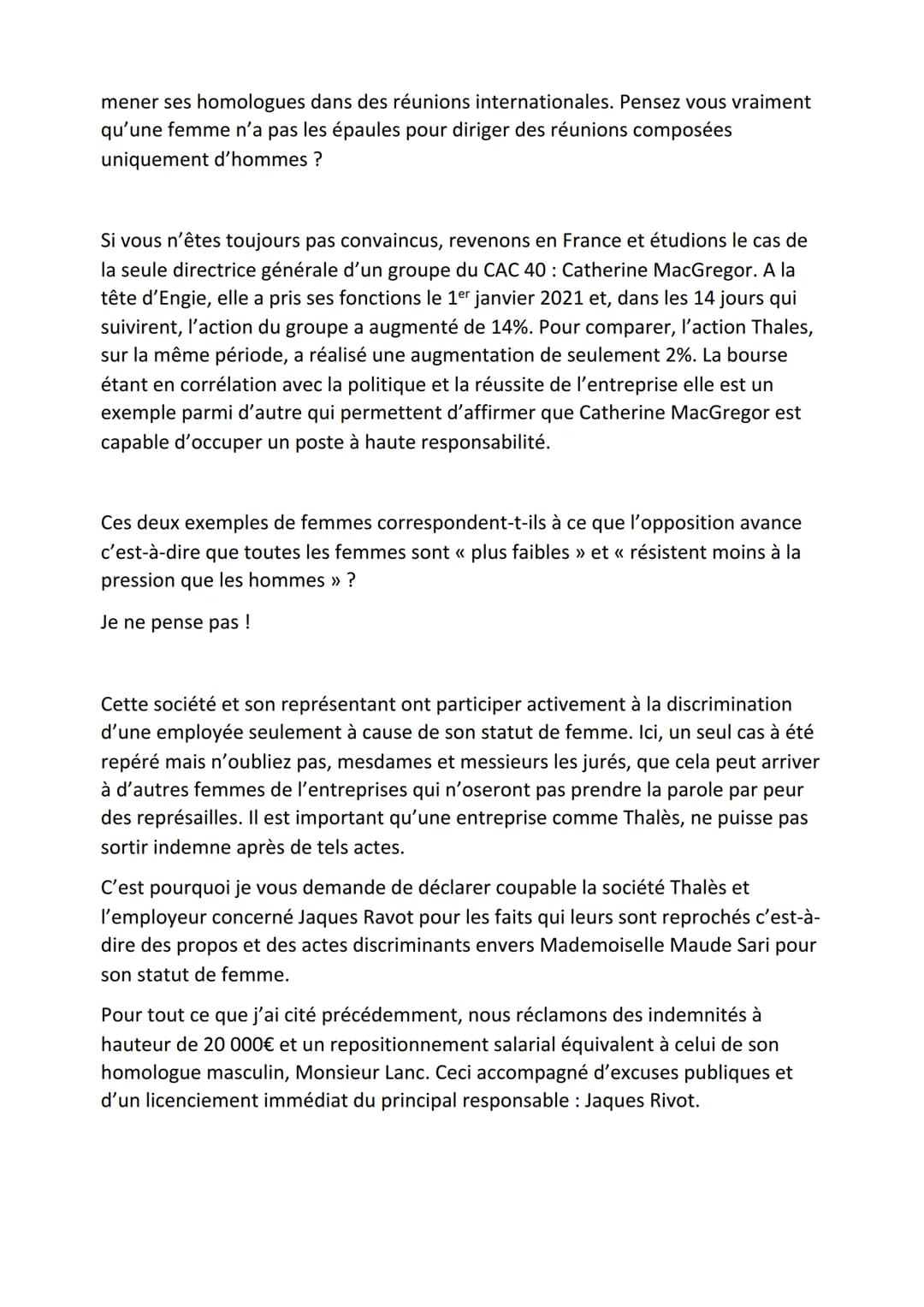 Plaidoirie
En ce jour d'Octobre 2021, au conseil des Prud'hommes, un procès est en cours. L'avocat de la
victime prend la parole.
Monsieur l