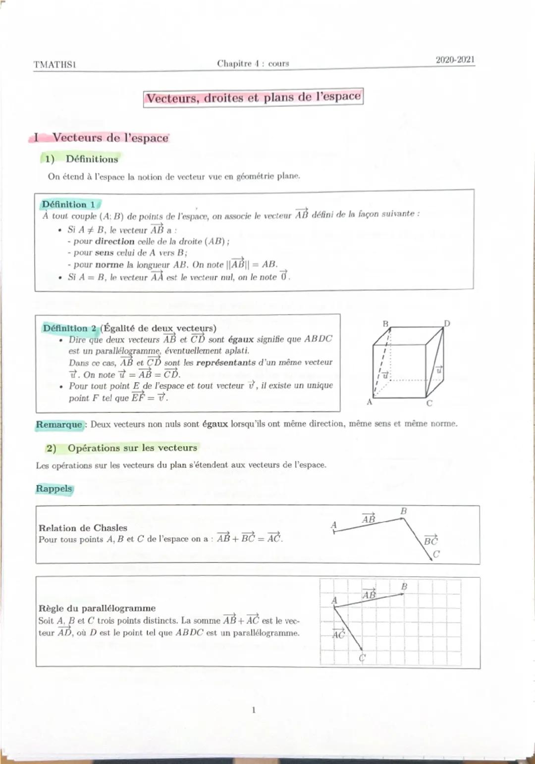 Mathématiques : Vecteurs, droites et plans de l’espace cours + contrôle 