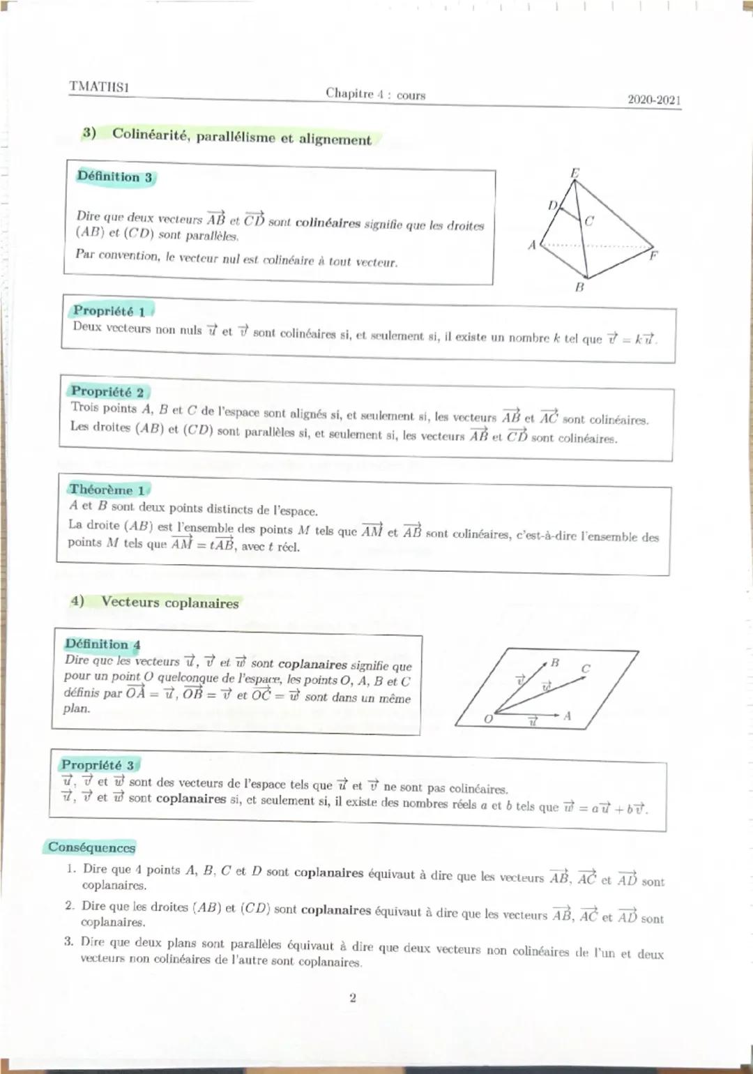 --- OCR Start ---
TMATHSI
Chapitre 4: cours
2020-2021
Vecteurs, droites et plans de l'espace
I Vecteurs de l'espace
1) Définitions
On étend 