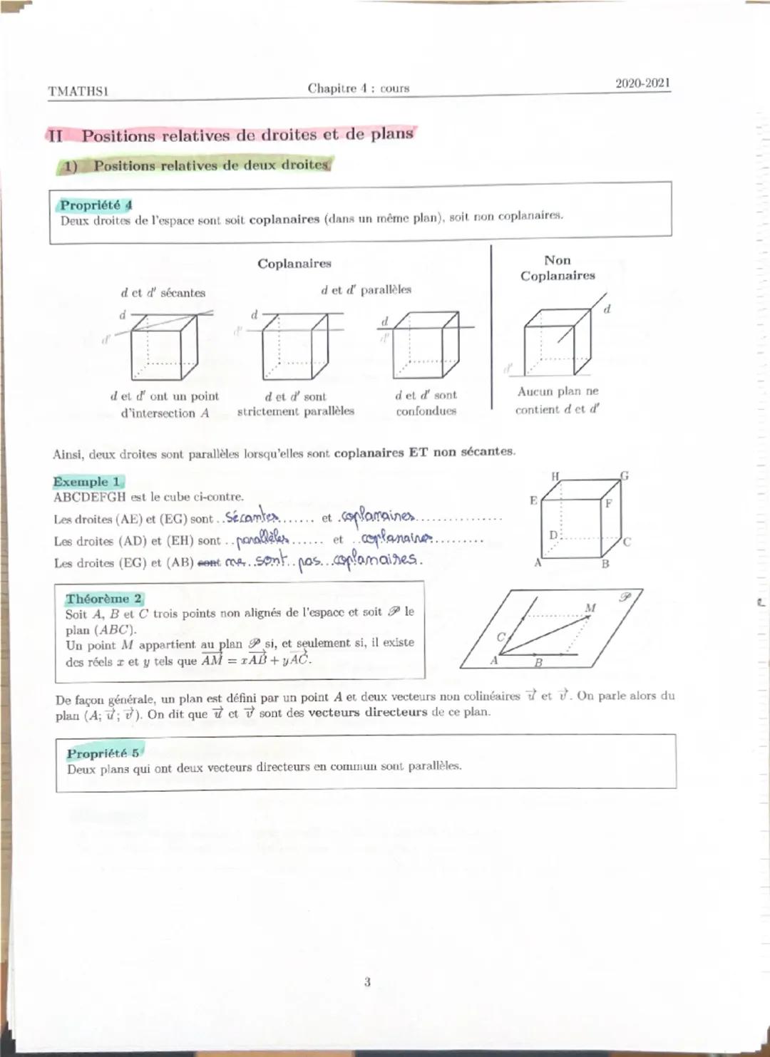 --- OCR Start ---
TMATHSI
Chapitre 4: cours
2020-2021
Vecteurs, droites et plans de l'espace
I Vecteurs de l'espace
1) Définitions
On étend 