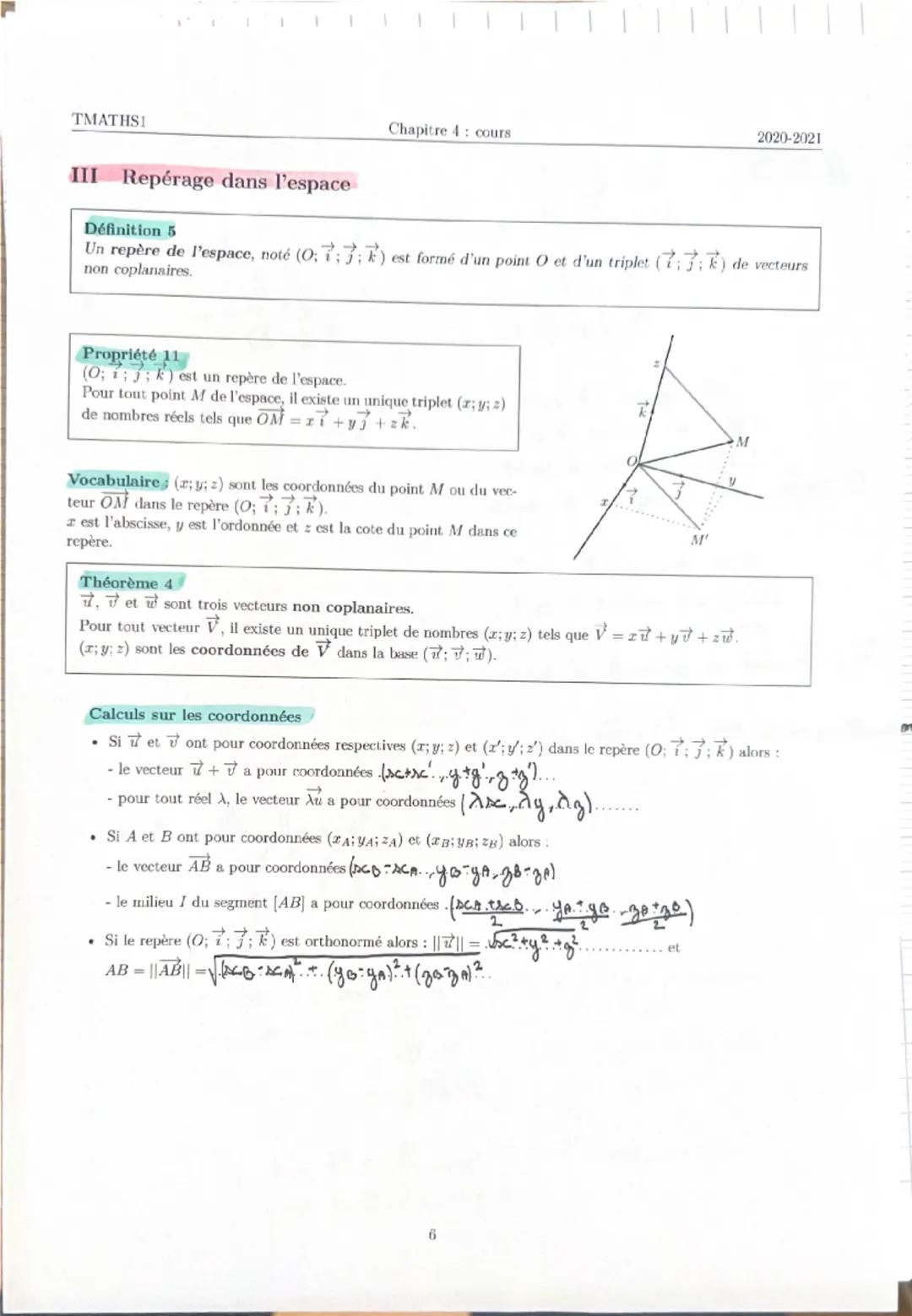 --- OCR Start ---
TMATHSI
Chapitre 4: cours
2020-2021
Vecteurs, droites et plans de l'espace
I Vecteurs de l'espace
1) Définitions
On étend 