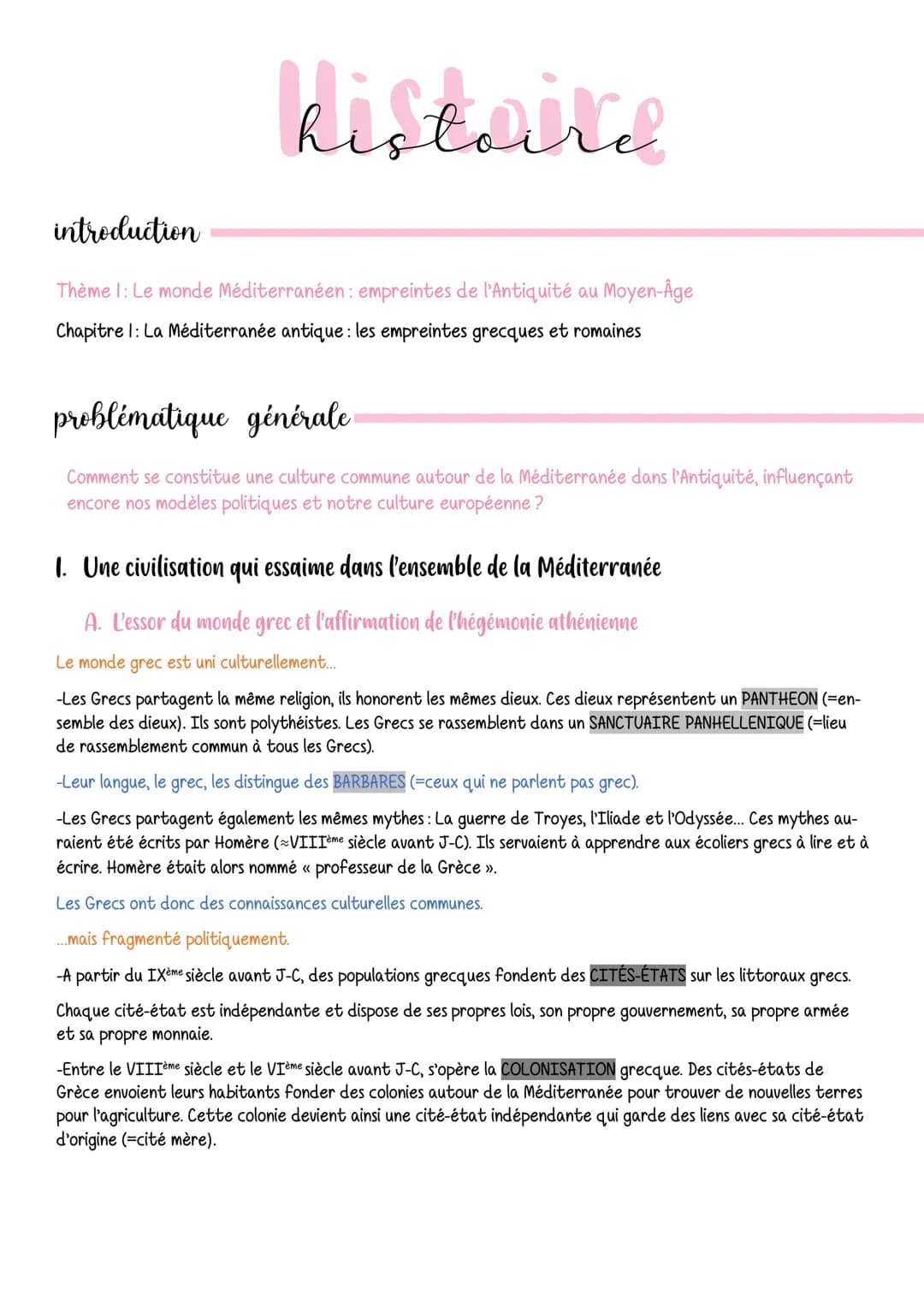 histoire
introduction
Thème I: Le monde Méditerranéen: empreintes de l'Antiquité au Moyen-Âge
Chapitre 1 : La Méditerranée antique : les emp