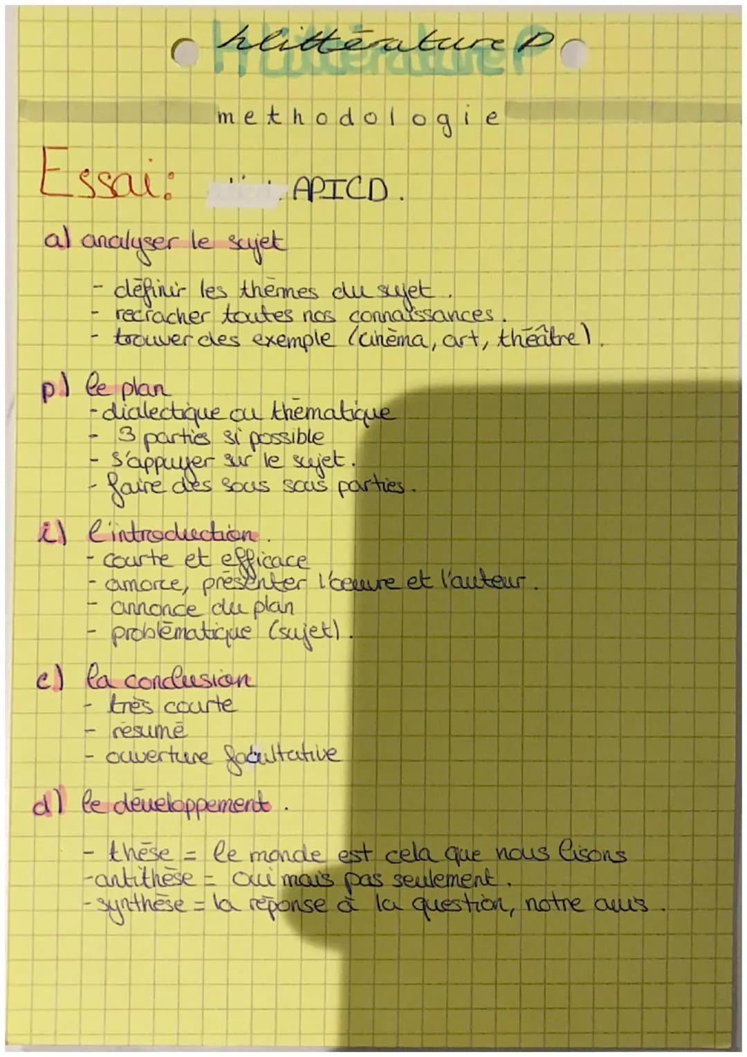 Essai:
al analyser le sujet
- definir les thermes du sujet
recracher toutes nos connaissances
trouver des exemple (cinema, art, theatre)
-
(