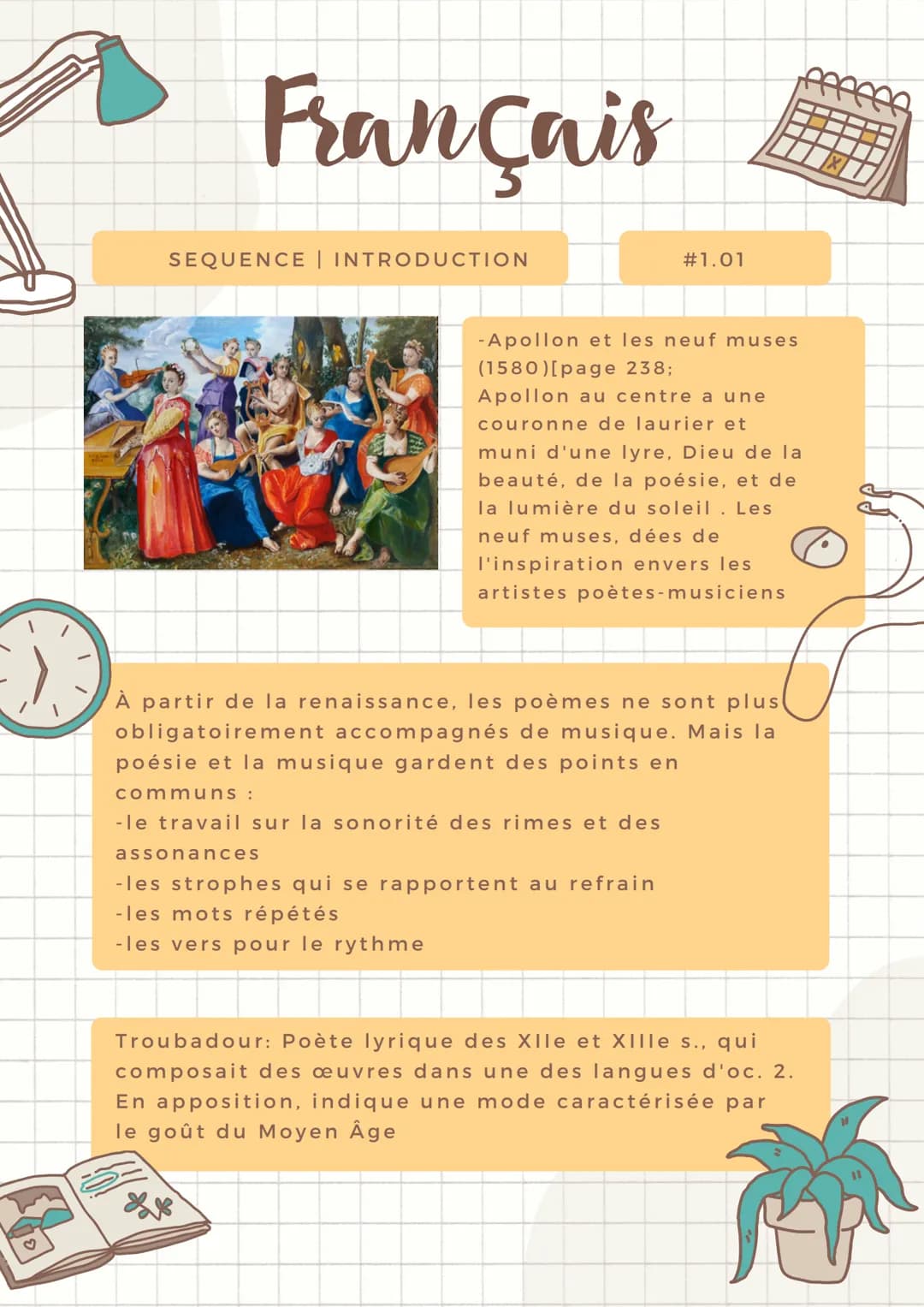 Français
SEQUENCE | INTRODUCTION
S
#1.01
-Apollon et les neuf muses
(1580)[page 238;
Apollon au centre a une
couronne de laurier et
muni d'u
