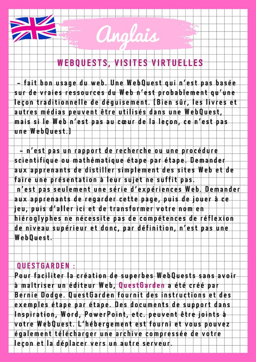 AK
Définition : «InterQuête», «Quête guidée», «Une quête sur
Internet» ou encore «MissionWeb», tous des synonymes
pour décrire un «WebQuest»