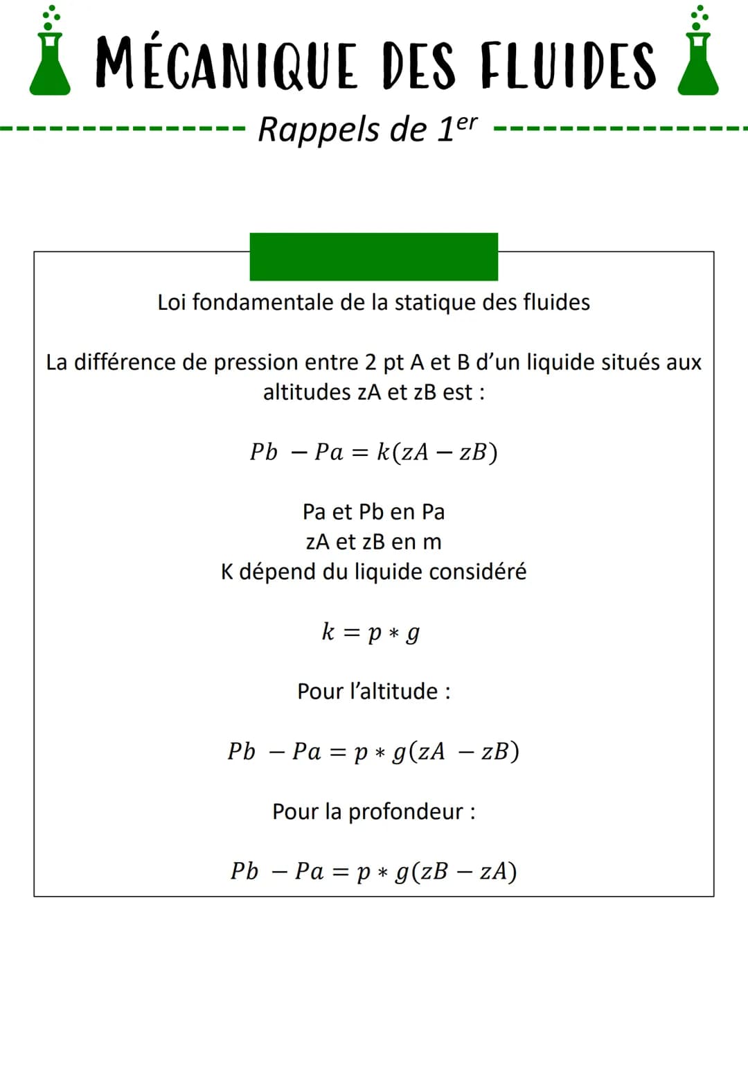MÉCANIQUE DES FLUIDES
Rappels de 1er
Masse volumique
P =
m
V
p en kg/m^3
m en kg
V en m^3
A 25°C, p = 1000 kg/m^3
Force pressante
Notée , on
