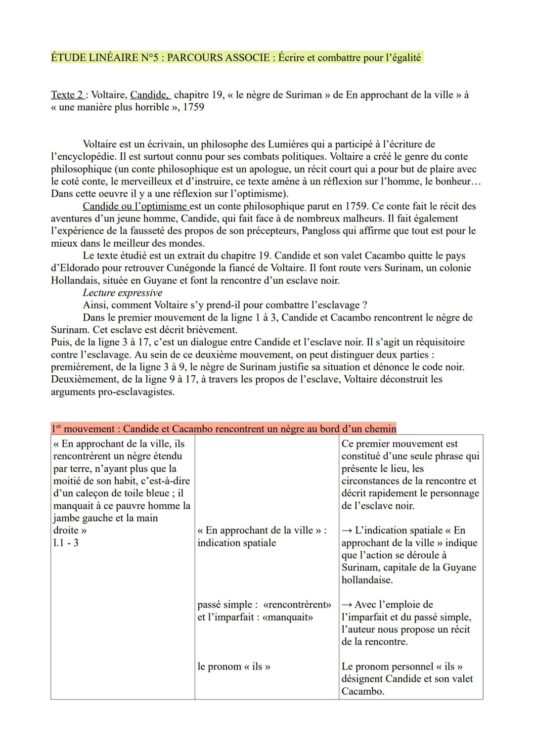 ÉTUDE LINÉAIRE N°5 : PARCOURS ASSOCIE: Écrire et combattre pour l'égalité
Texte 2: Voltaire, Candide, chapitre 19, « le nègre de Suriman » d
